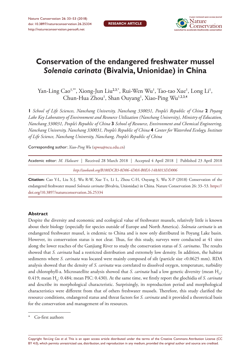 Conservation of the Endangered Freshwater Mussel Solenaia Carinata (Bivalvia, Unionidae) in China