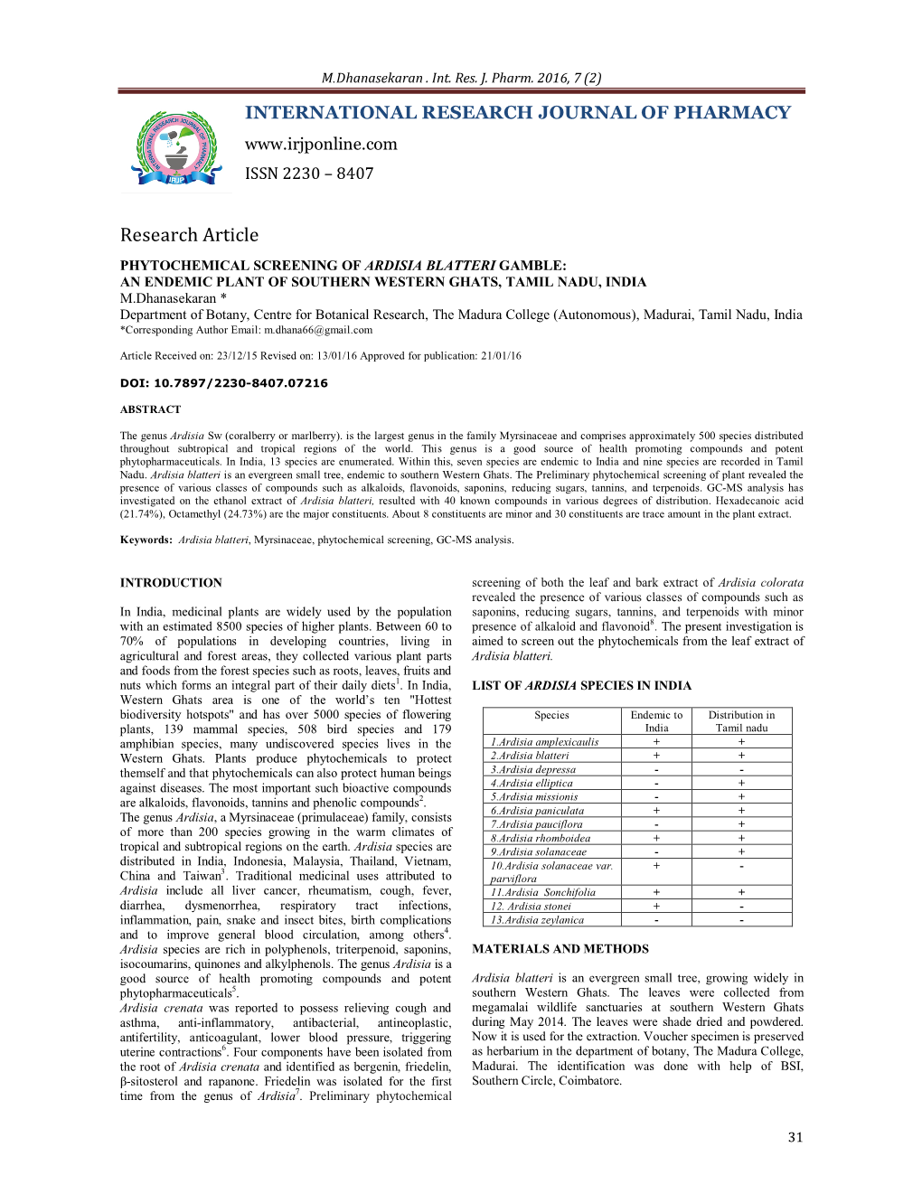 Phytochemical Screening of Ardisia Blatteri Gamble