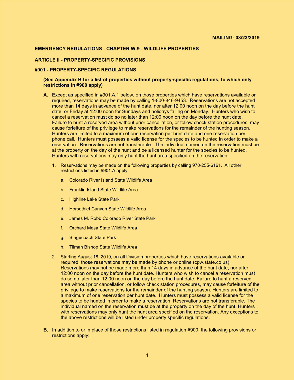 Emergency Regulations - Chapter W-9 - Wildlife Properties