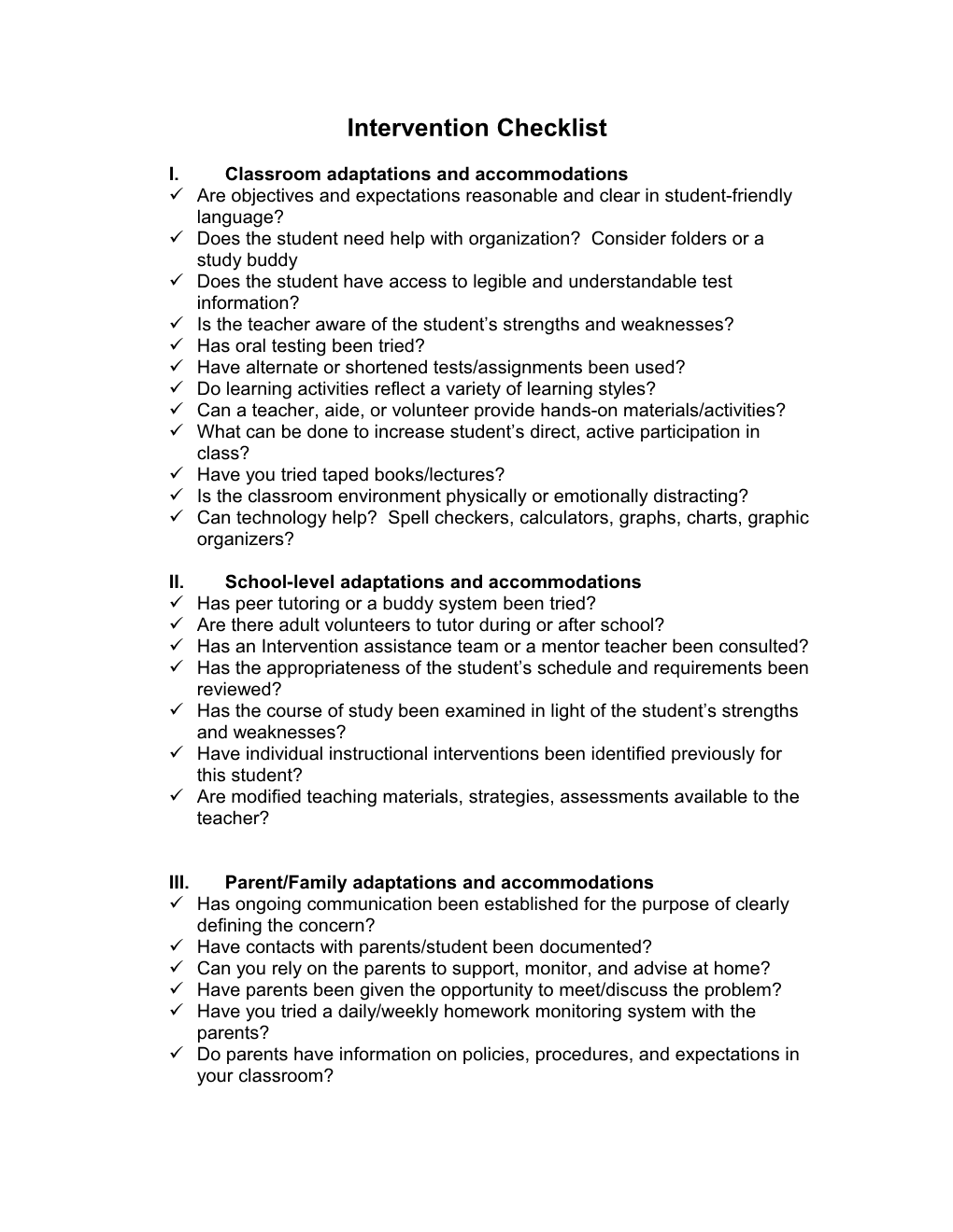 Intervention Checklist