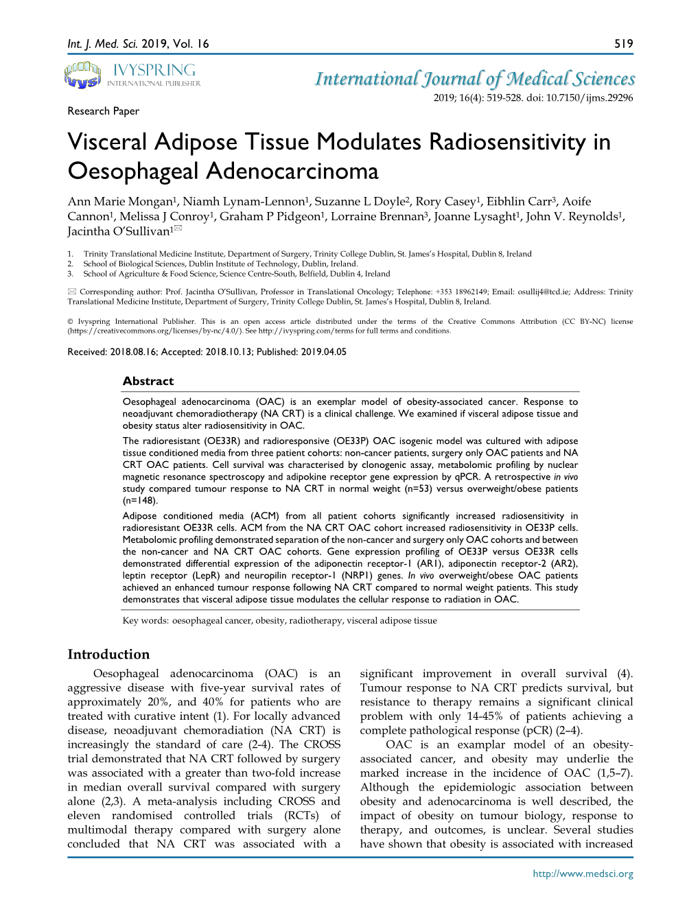 Visceral Adipose Tissue Modulates Radiosensitivity in Oesophageal