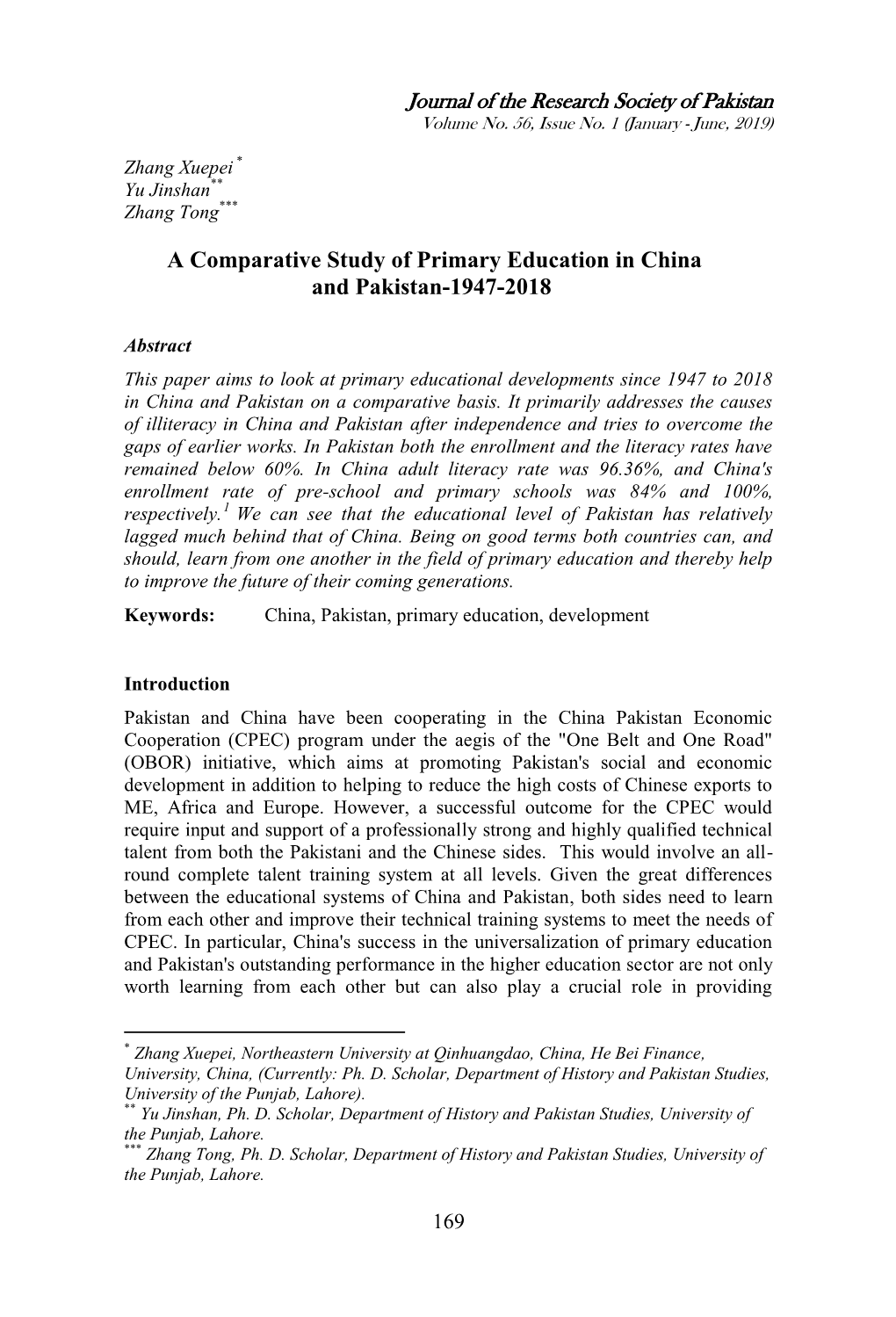 A Comparative Study of Primary Education in China and Pakistan-1947-2018