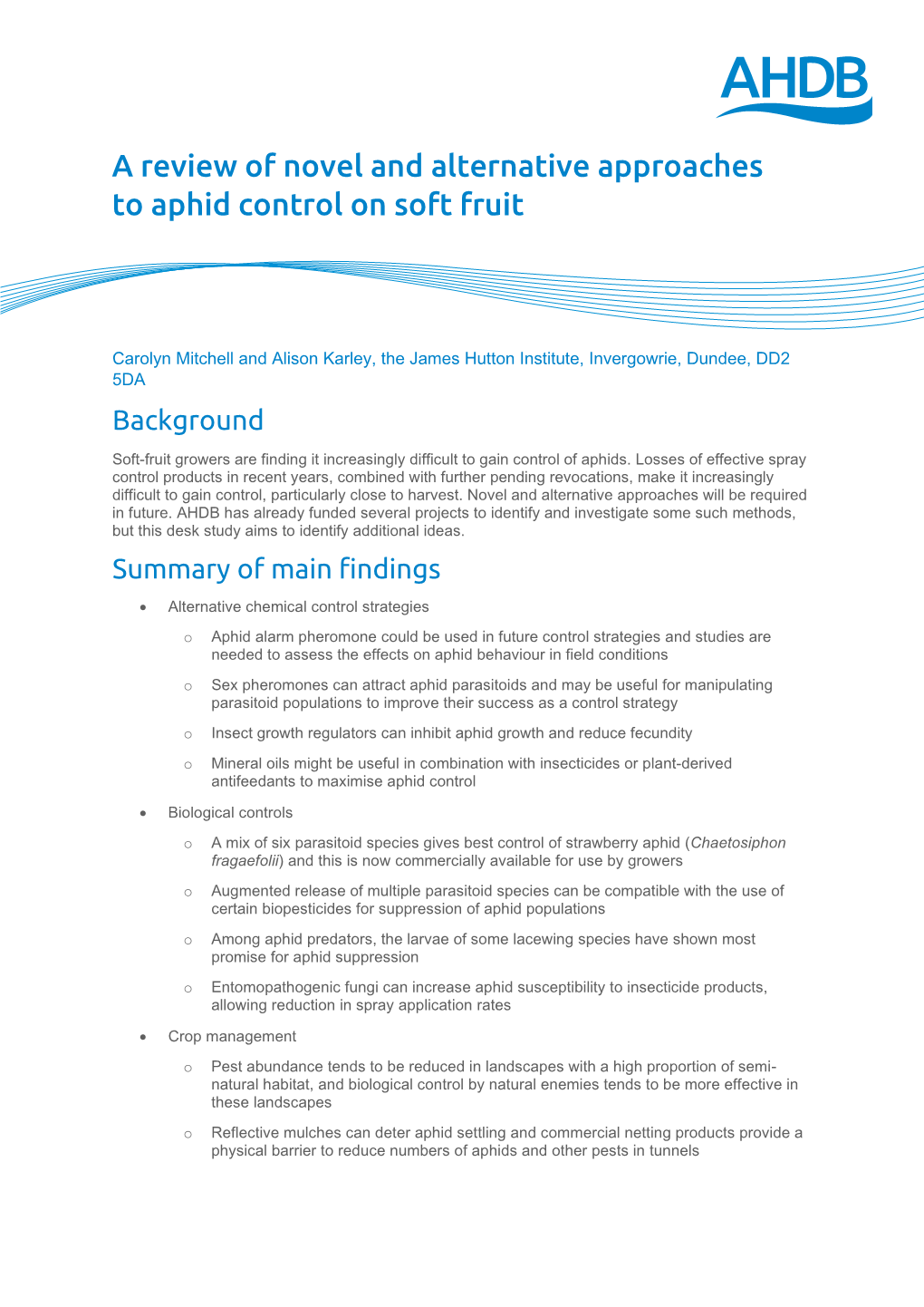 A Review of Novel and Alternative Approaches to Aphid Control on Soft Fruit