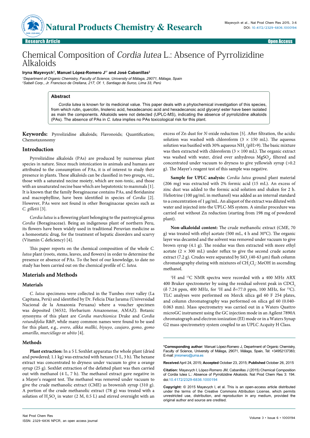 Chemical Composition of Cordia Lutea L.: Absence of Pyrrolizidine Alkaloids