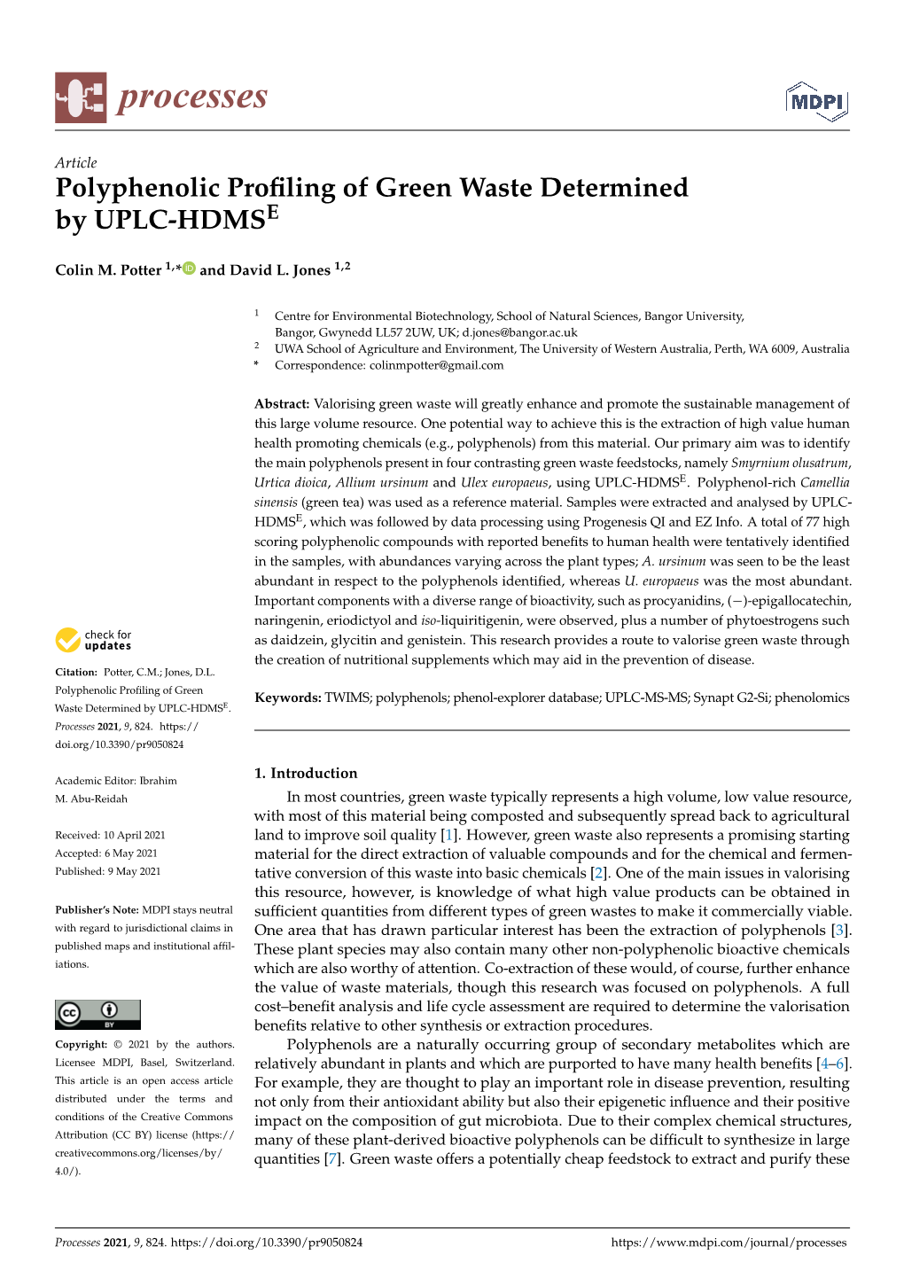 Polyphenolic Profiling of Green Waste Determined by UPLC-HDMSE