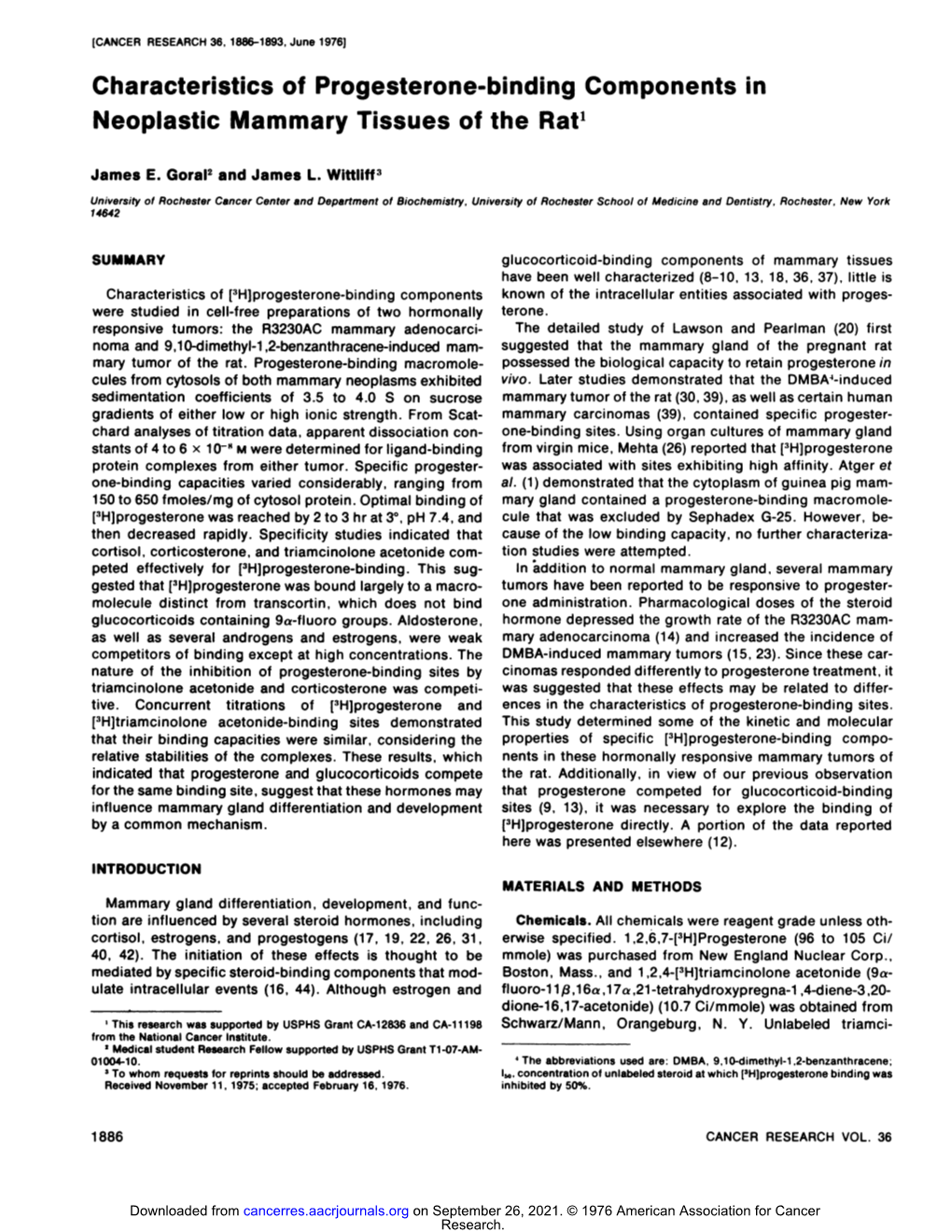 Characteristics of Progesterone-Binding Components in Neoplastic Mammary Tissues of the Rat1