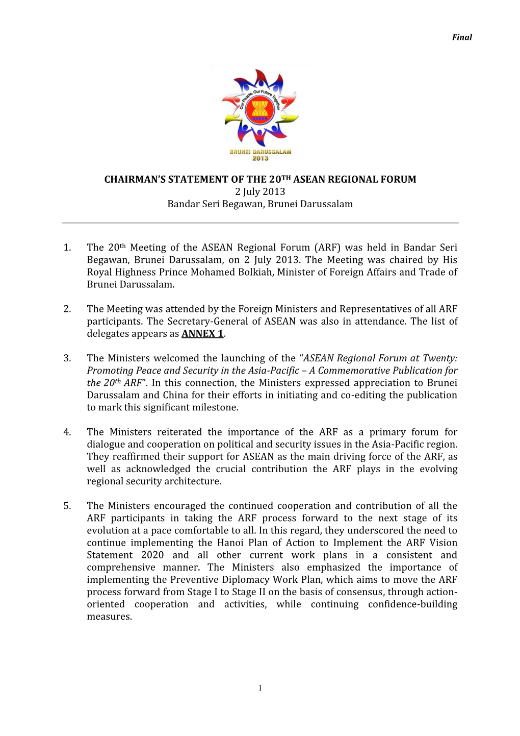 Chairman's Statement of the 20Th ASEAN Regional Forum