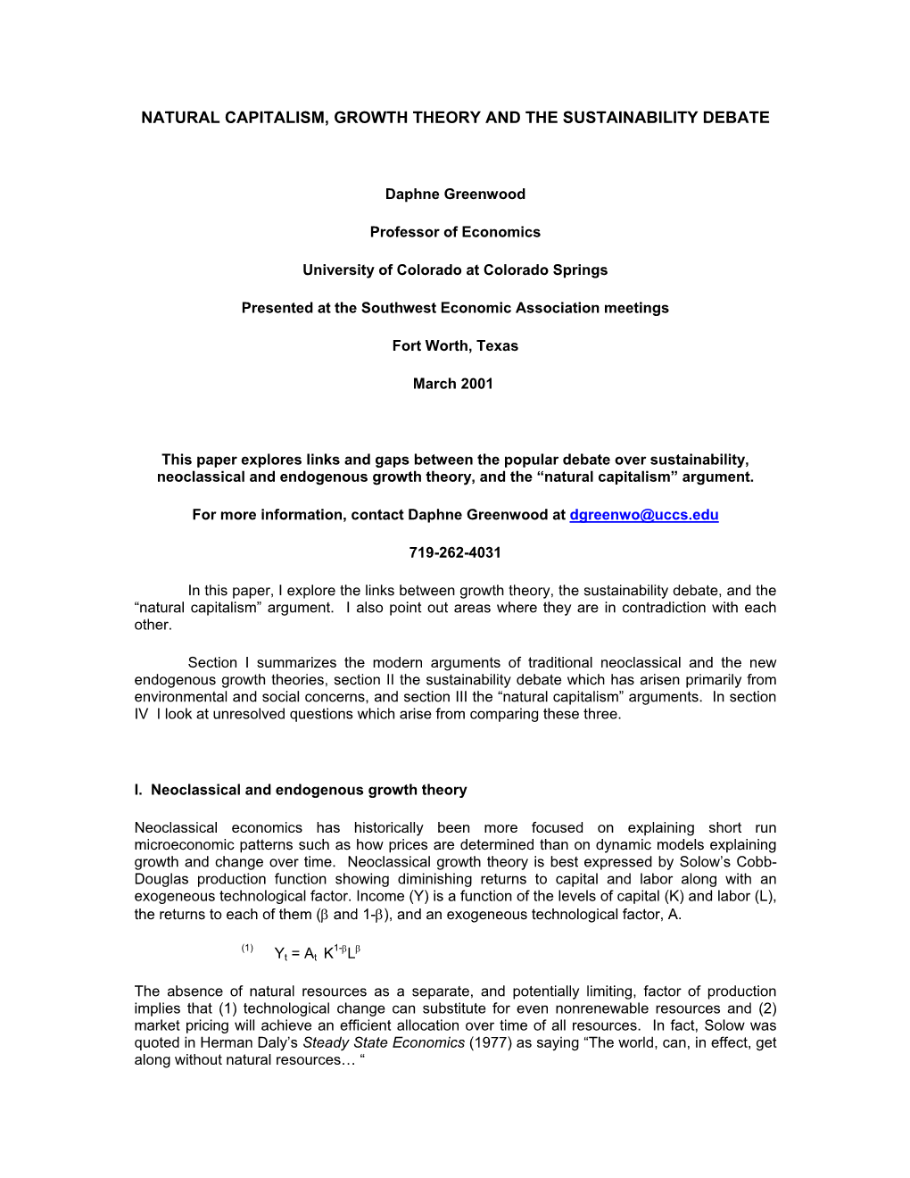 Natural Capitalism, Growth Theory and the Sustainability Debate