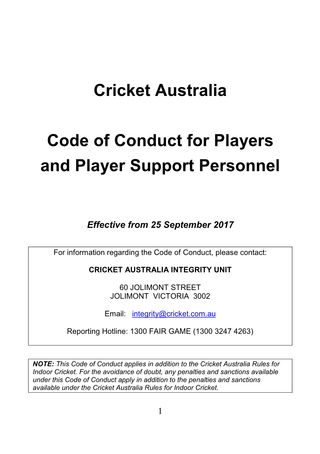 Cricket Australia Code of Conduct for Players and Player Support