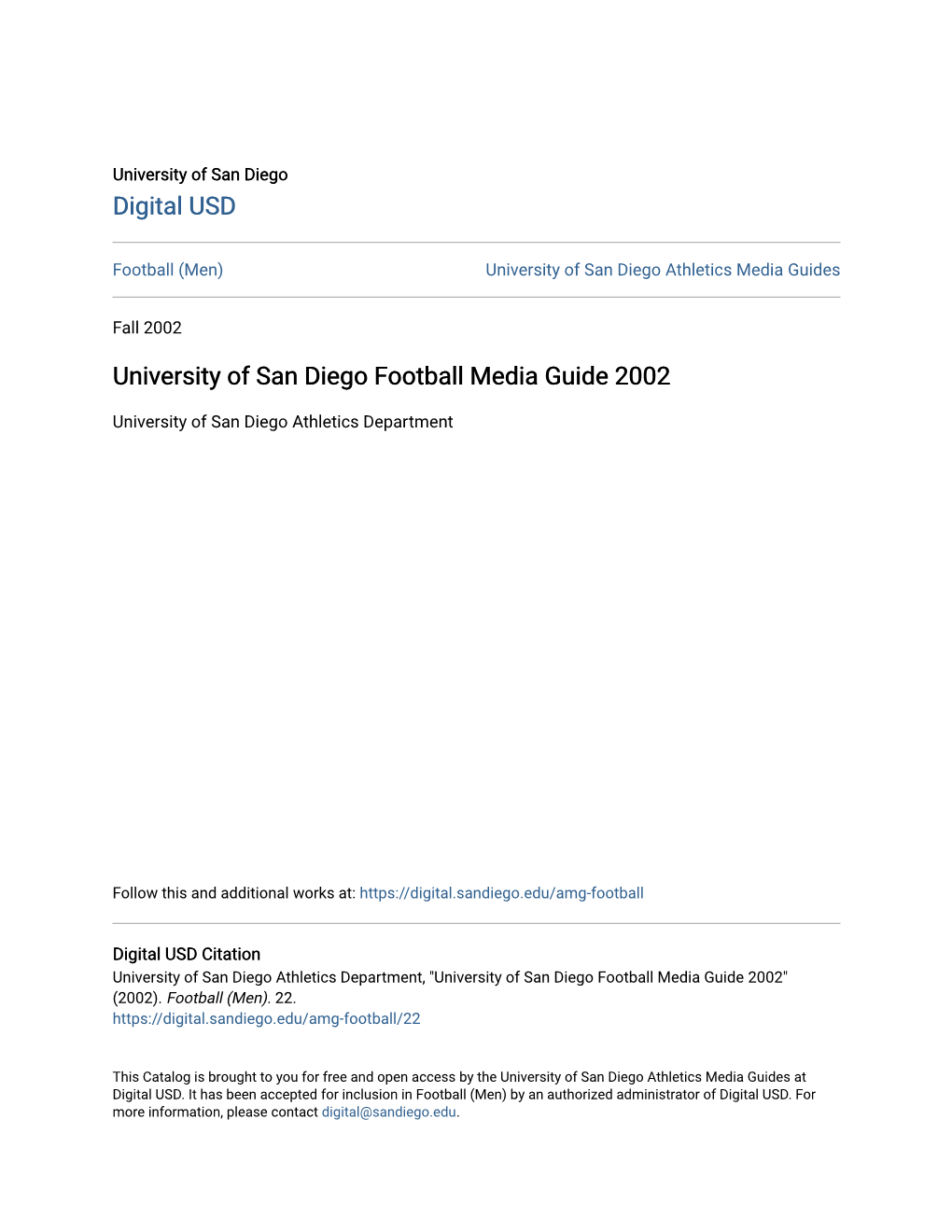 University of San Diego Football Media Guide 2002