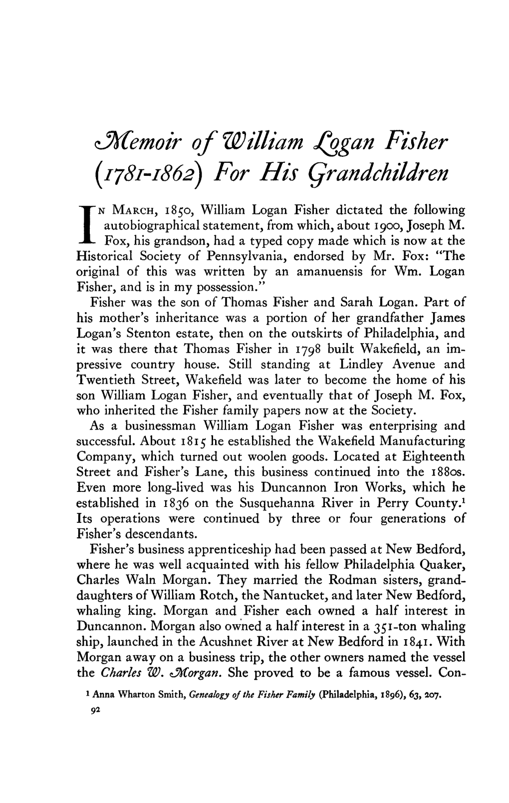 Zjtitemoir of William J^Ogan Fisher (1781-1862) for His Grandchildren