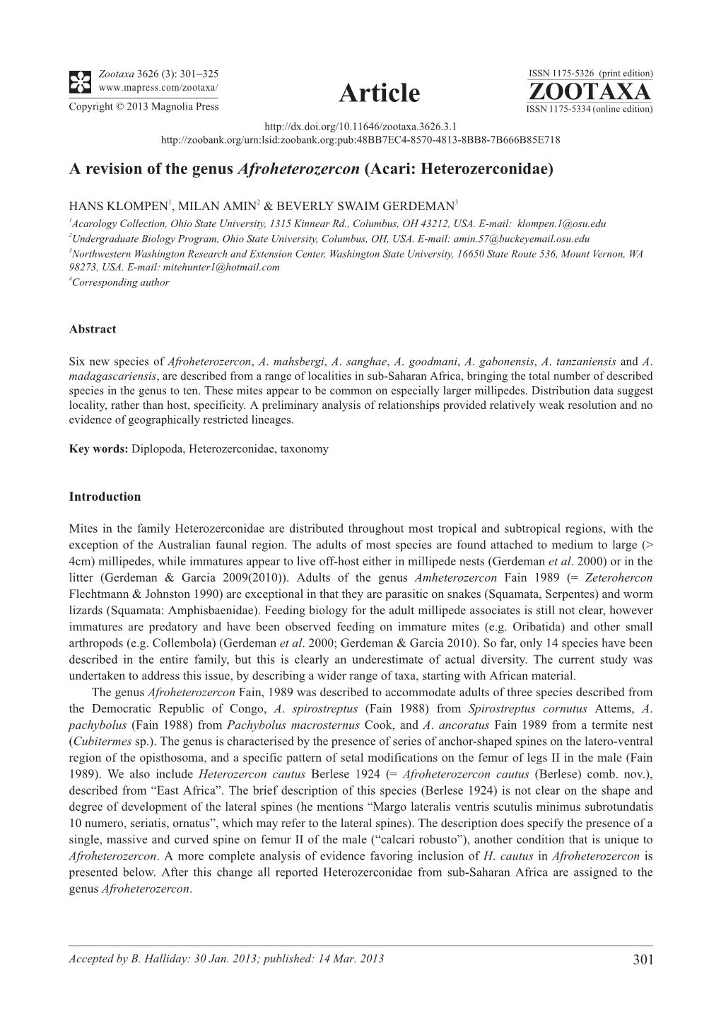 A Revision of the Genus Afroheterozercon (Acari: Heterozerconidae)