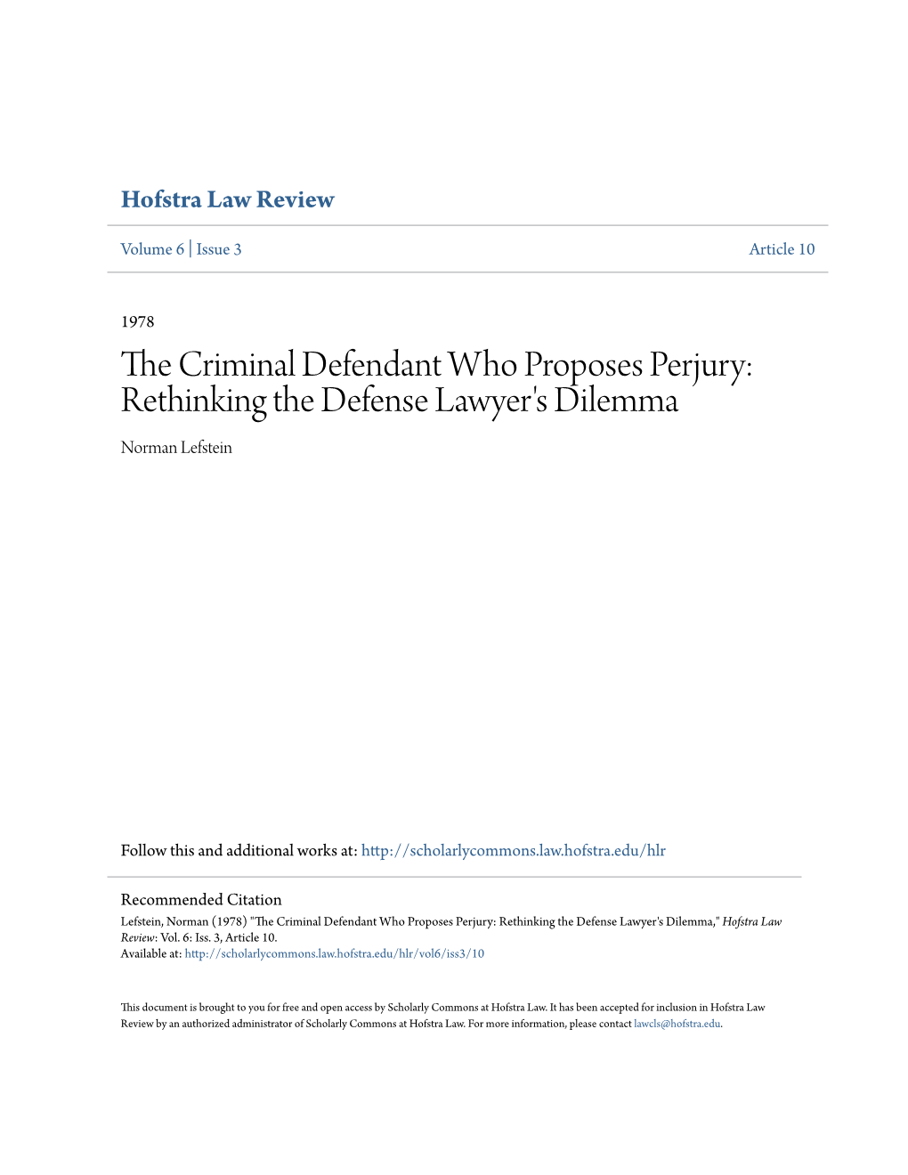 The Criminal Defendant Who Proposes Perjury: Rethinking the Defen