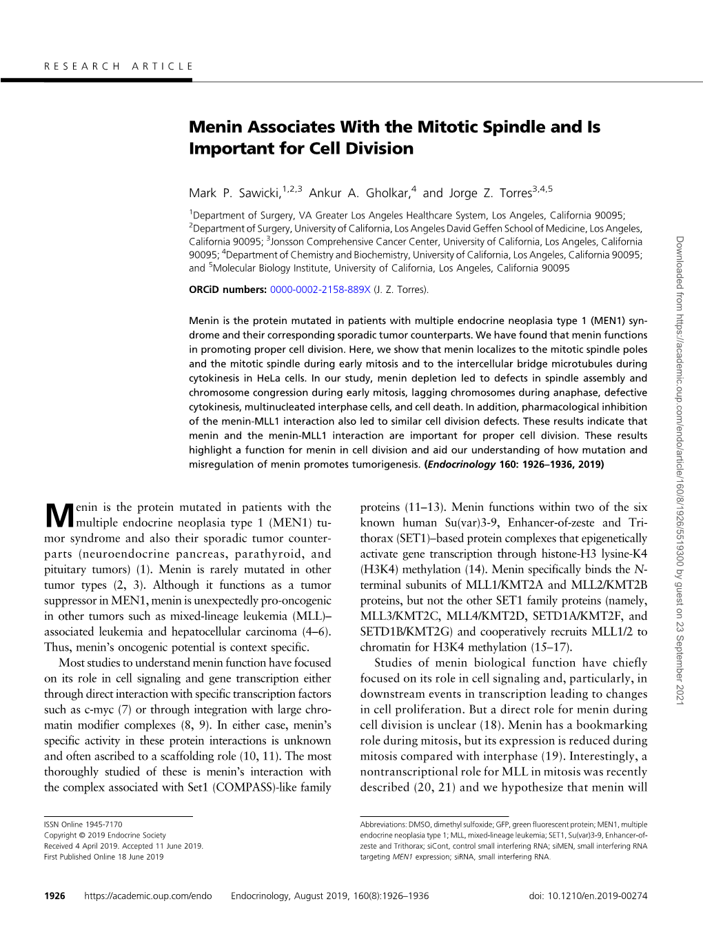 Menin Associates with the Mitotic Spindle and Is Important for Cell Division