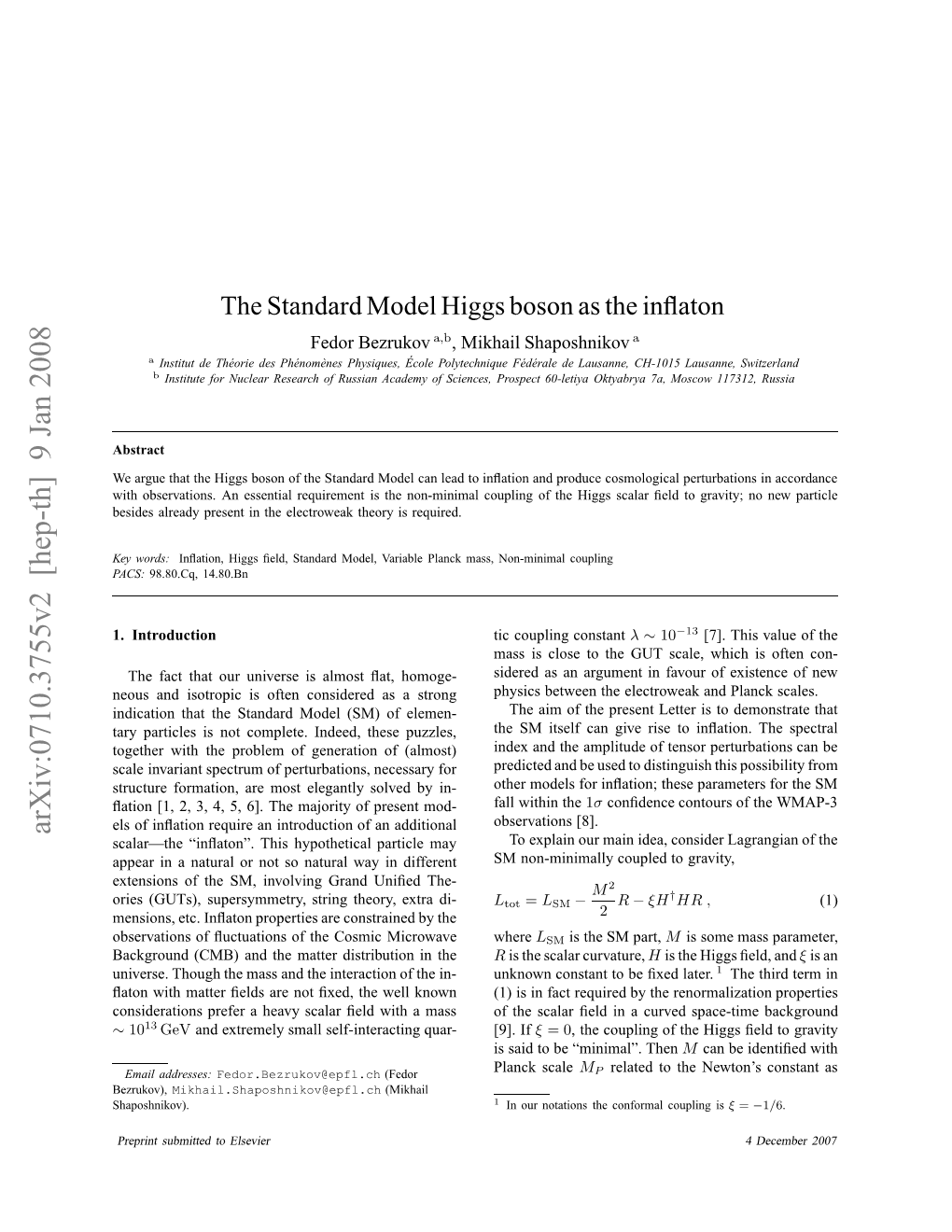 The Standard Model Higgs Boson As the Inflaton