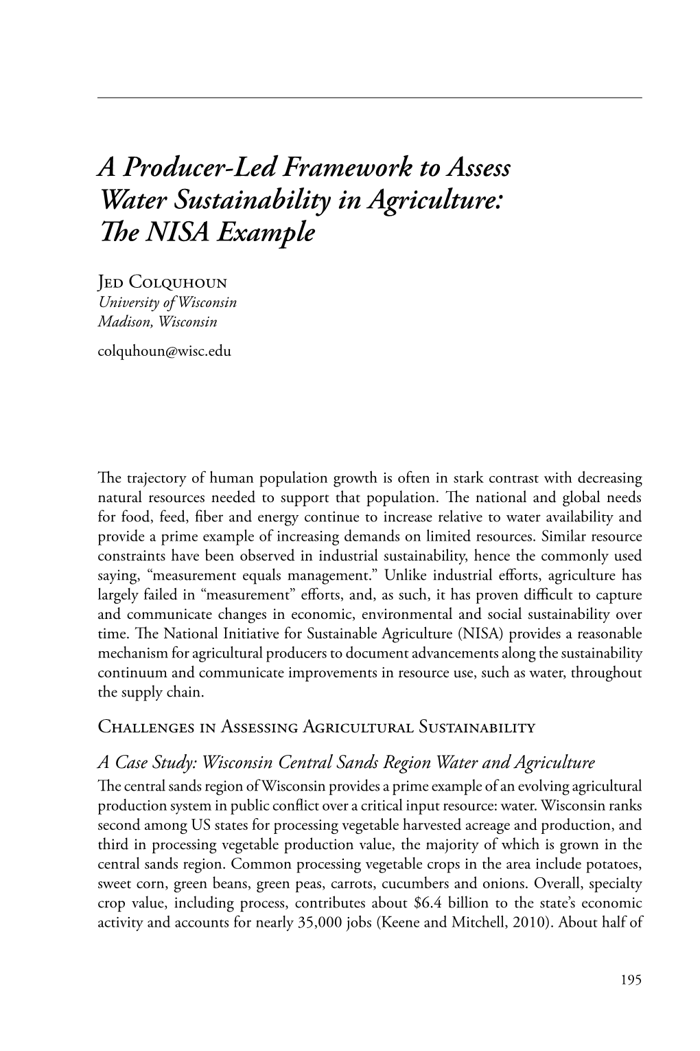 A Producer-Led Framework to Assess Water Sustainability in Agriculture: the NISA Example