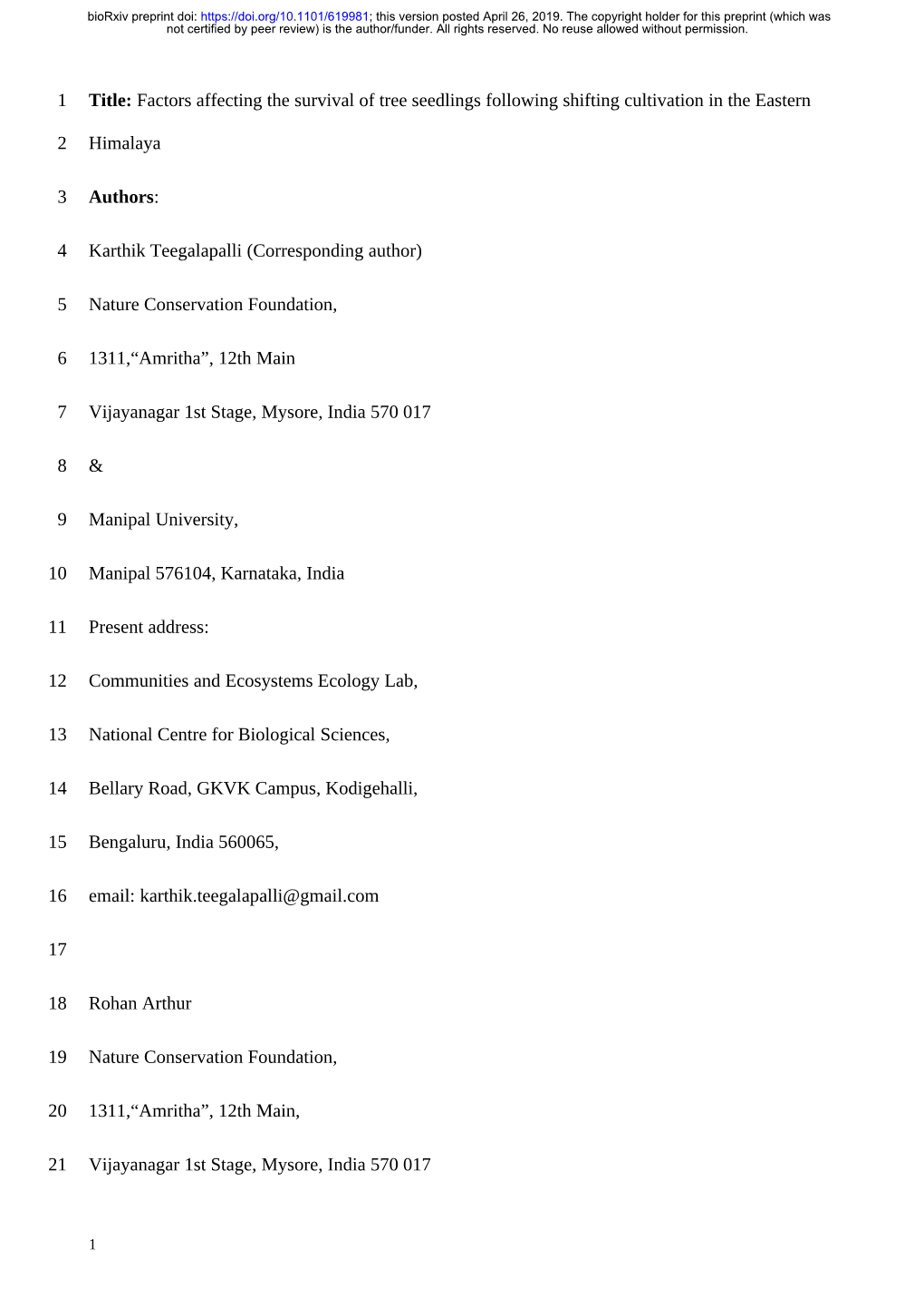 Factors Affecting the Survival of Tree Seedlings Following Shifting Cultivation in the Eastern