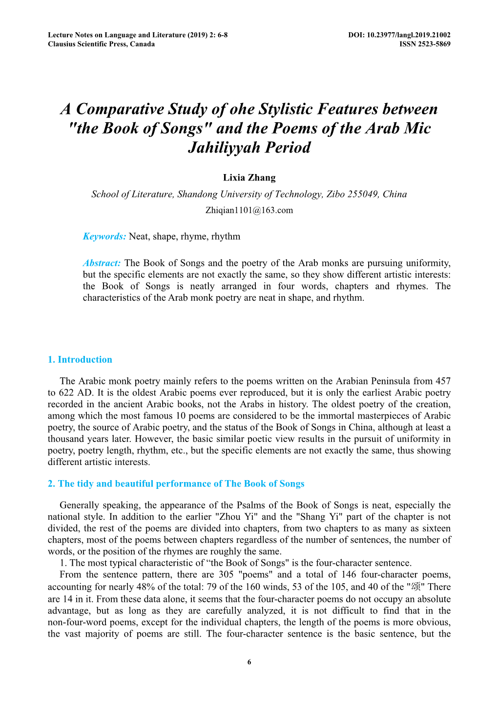 "The Book of Songs" and the Poems of the Arab Mic Jahiliyyah Period