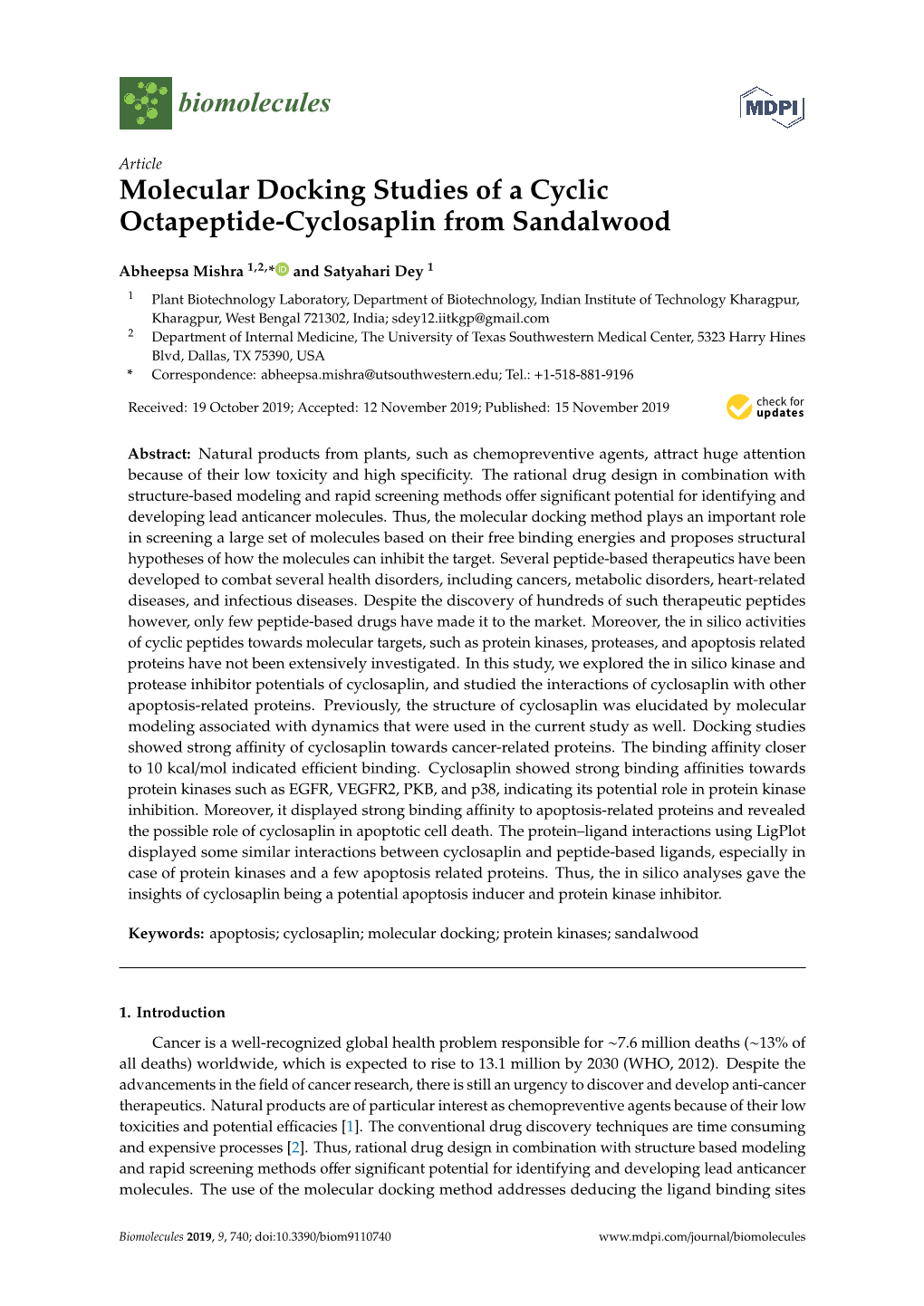 Molecular Docking Studies of a Cyclic Octapeptide-Cyclosaplin from Sandalwood