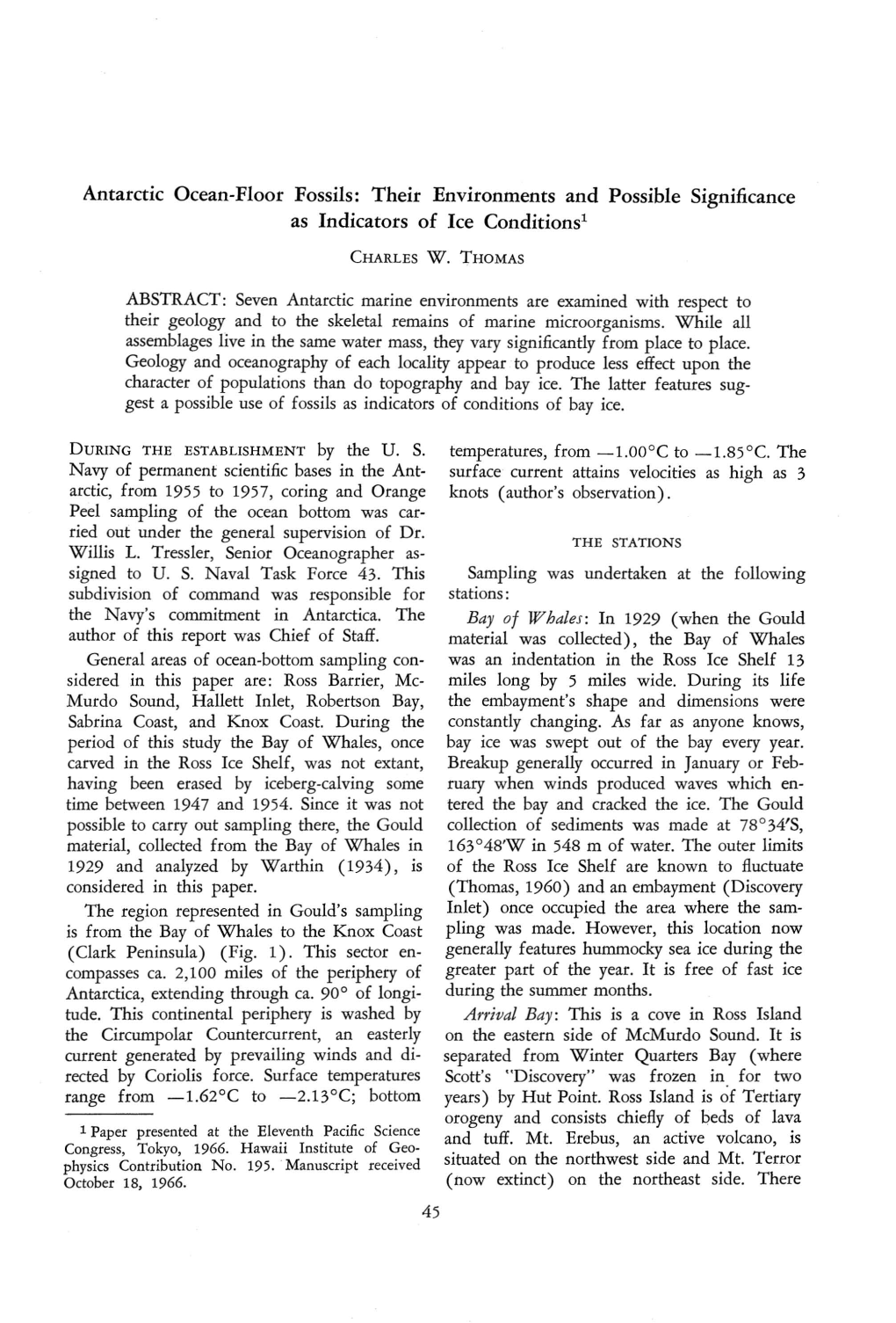 Antarctic Ocean-Floor Fossils: Their Environments and Possible Significance As Indicators of Ice Conditions' CHARLES W