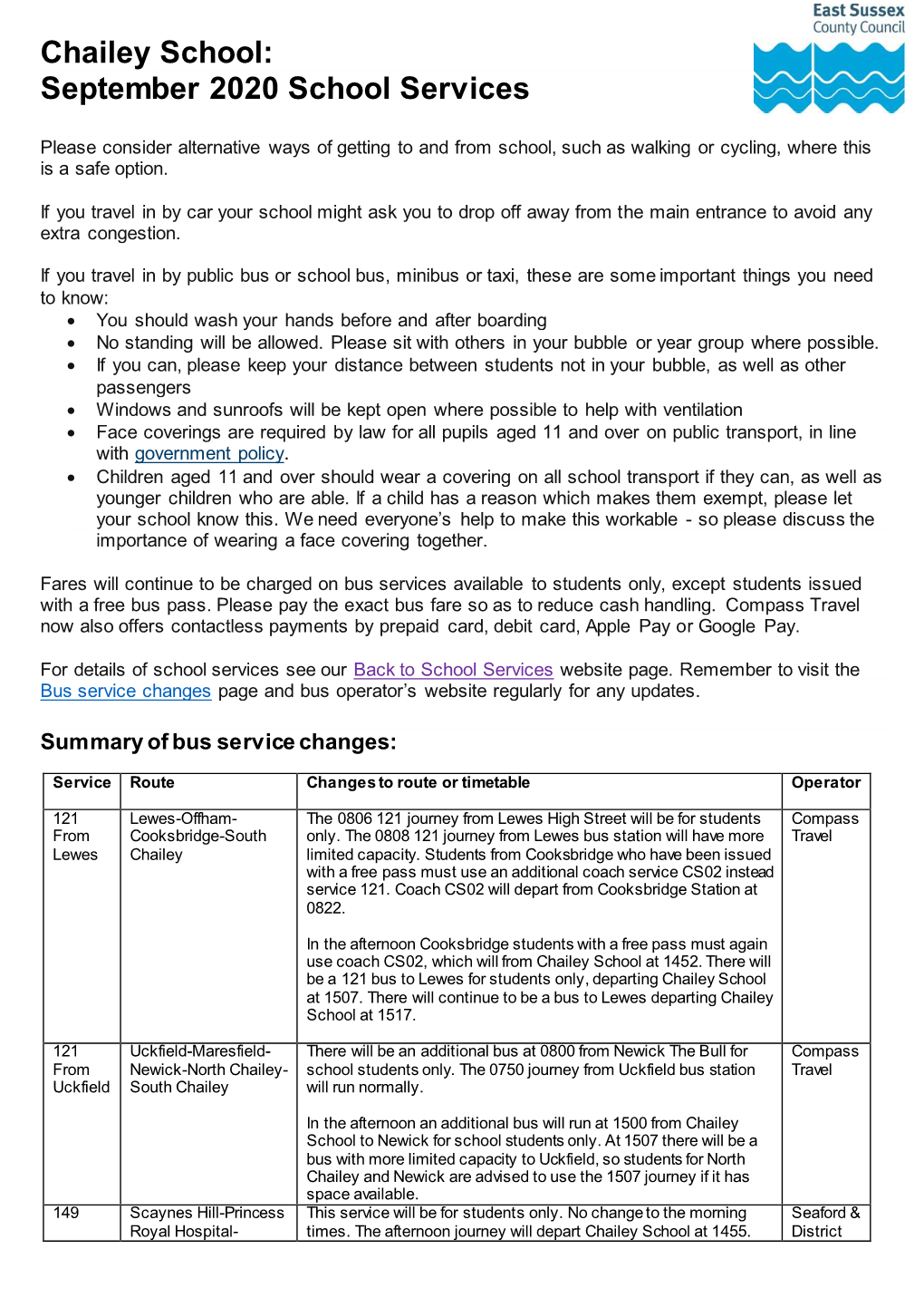 Chailey School: September 2020 School Services