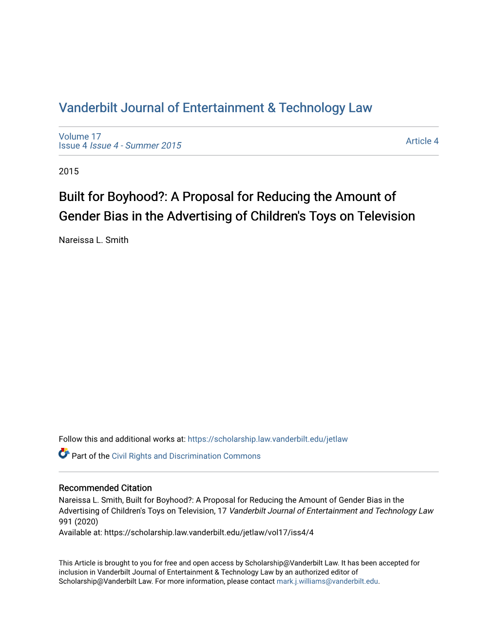 Built for Boyhood?: a Proposal for Reducing the Amount of Gender Bias in the Advertising of Children's Toys on Television