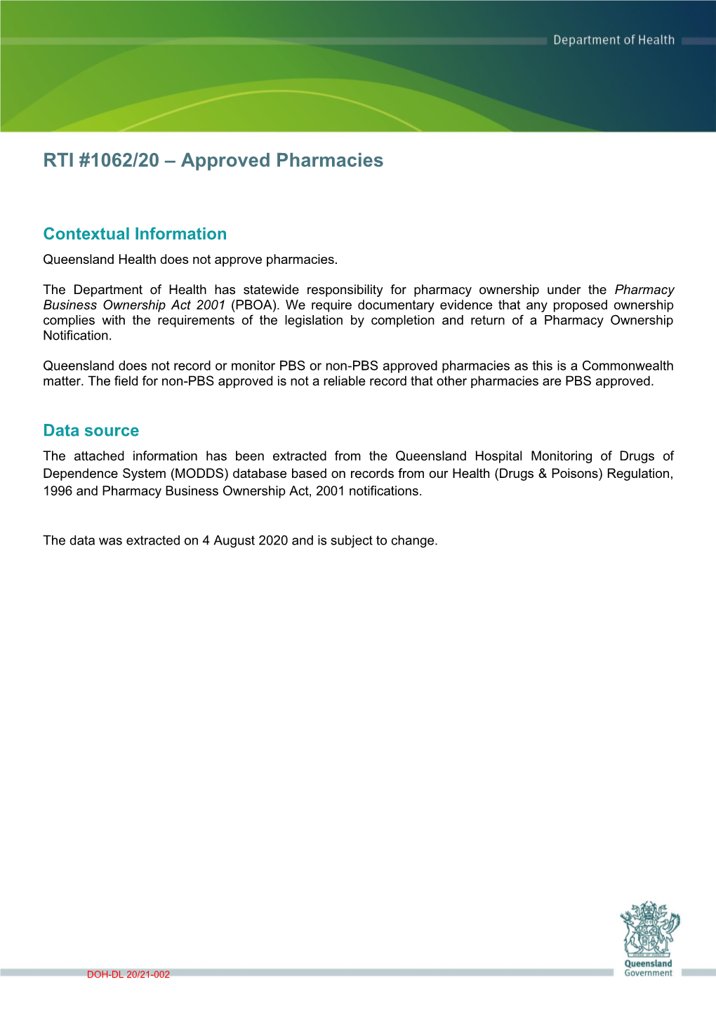 RTI #1062/20 – Approved Pharmacies