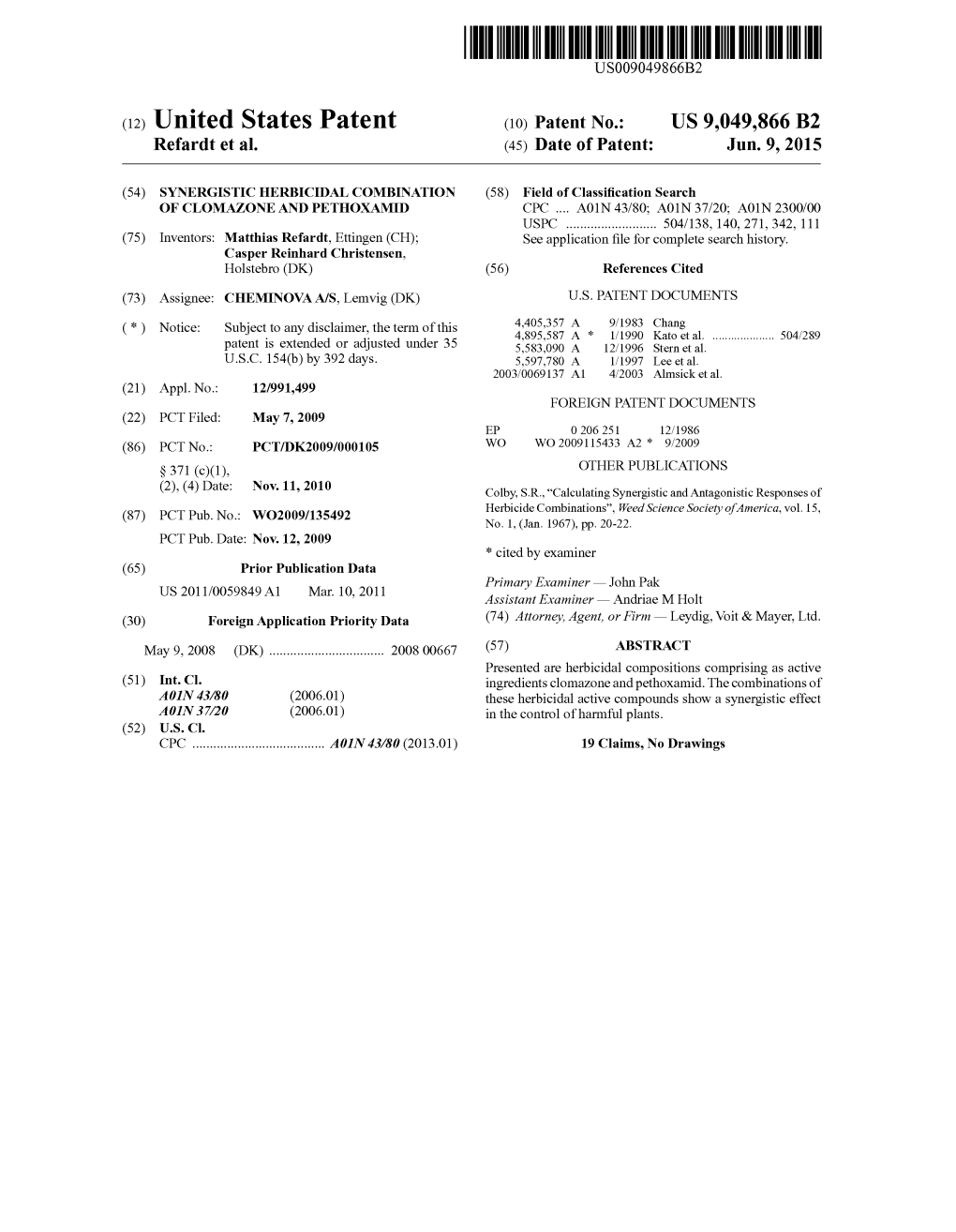 (12) United States Patent (10) Patent No.: US 9,049,866 B2 Refardt Et Al