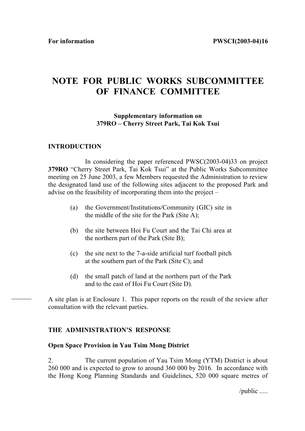 Note for Public Works Subcommittee of Finance Committee