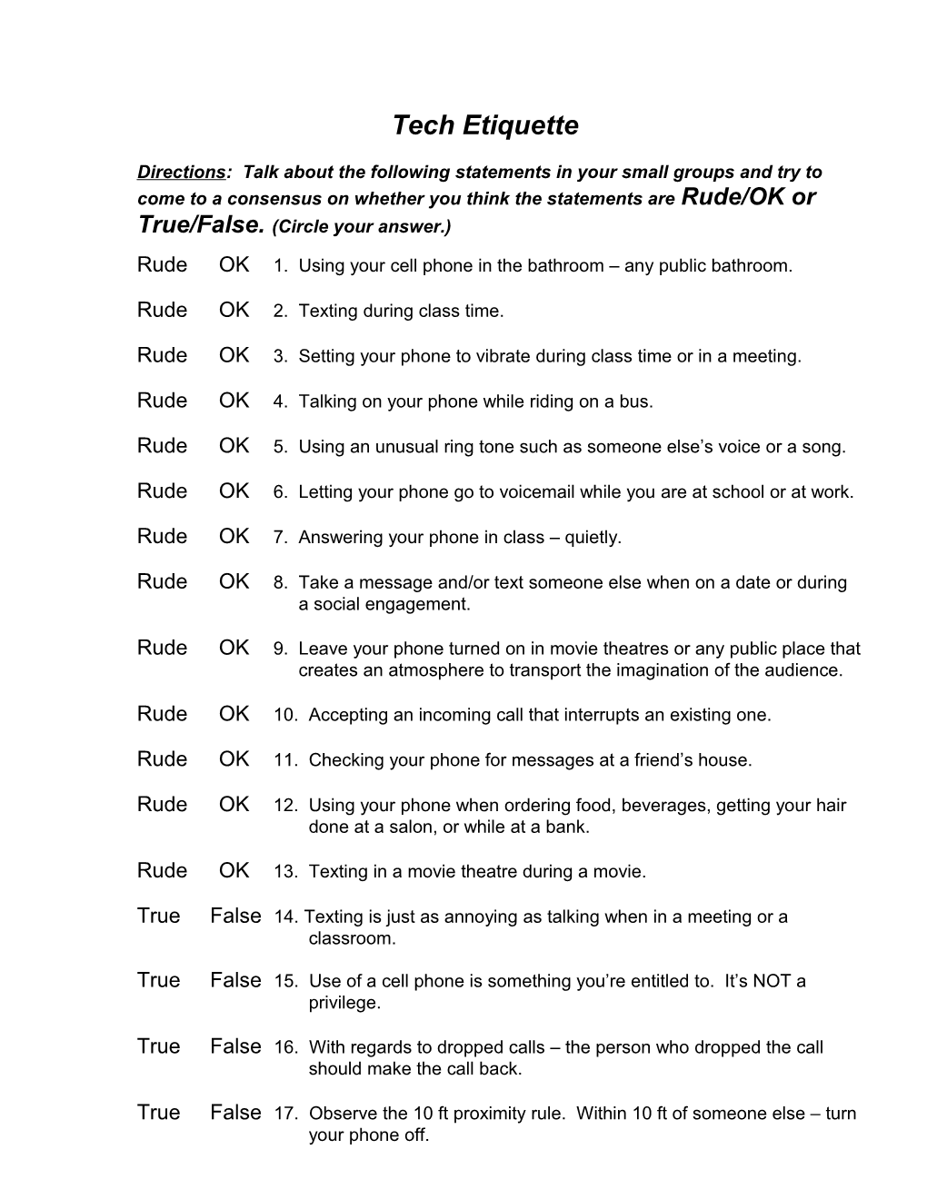 Directions: Circle the Answer That You Agree with and Be Prepared to Explain Your Answer