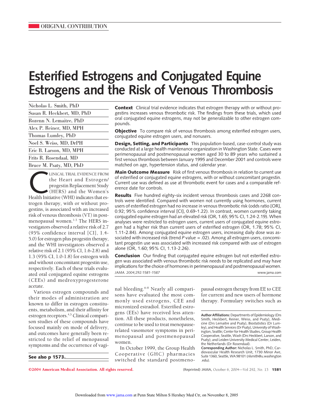 Esterified Estrogens and Conjugated Equine Estrogens and the Risk of Venous Thrombosis