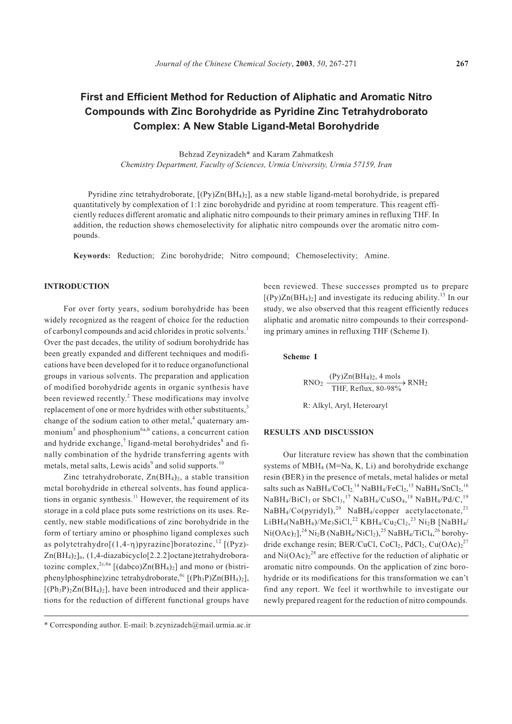 First and Efficient Method for Reduction of Aliphatic and Aromatic Nitro Compounds with Zinc Borohydride As Pyridine Zinc Tetrah