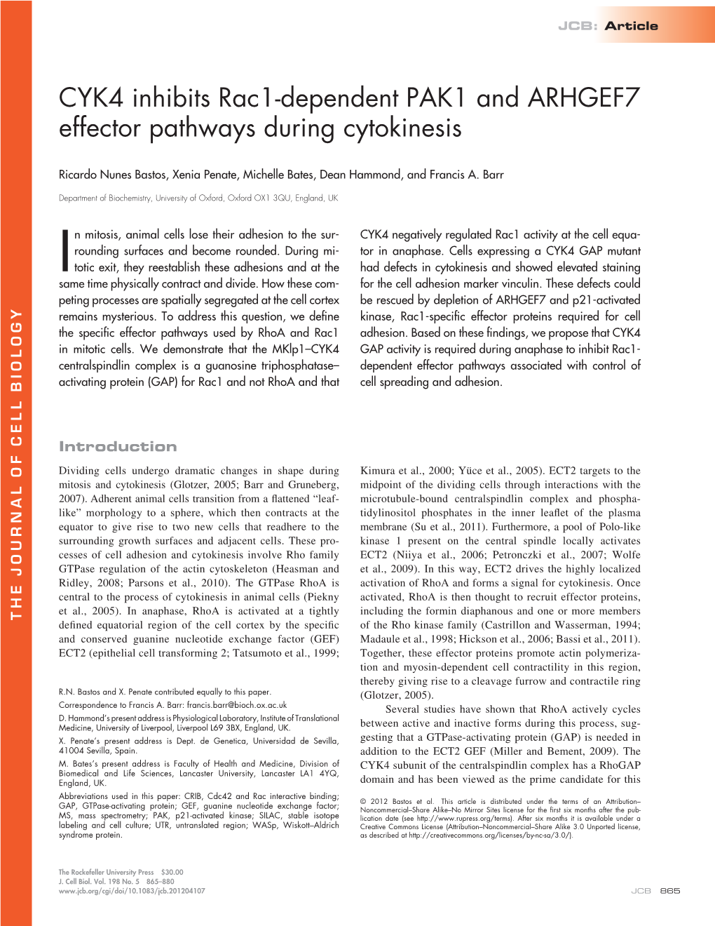 CYK4 Inhibits Rac1-Dependent PAK1 and ARHGEF7 Effector Pathways During Cytokinesis