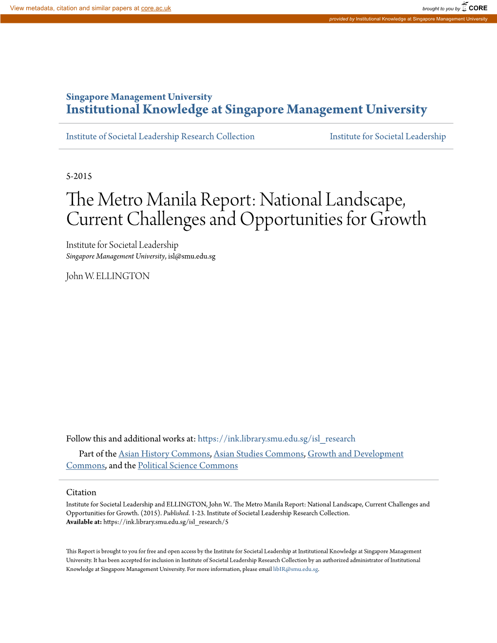 The Metro Manila Report: National Landscape, Current Challenges