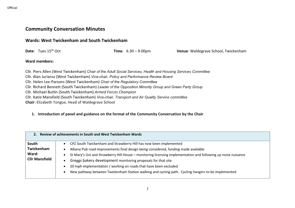 Community Conversation Minutes West and South Twickenham