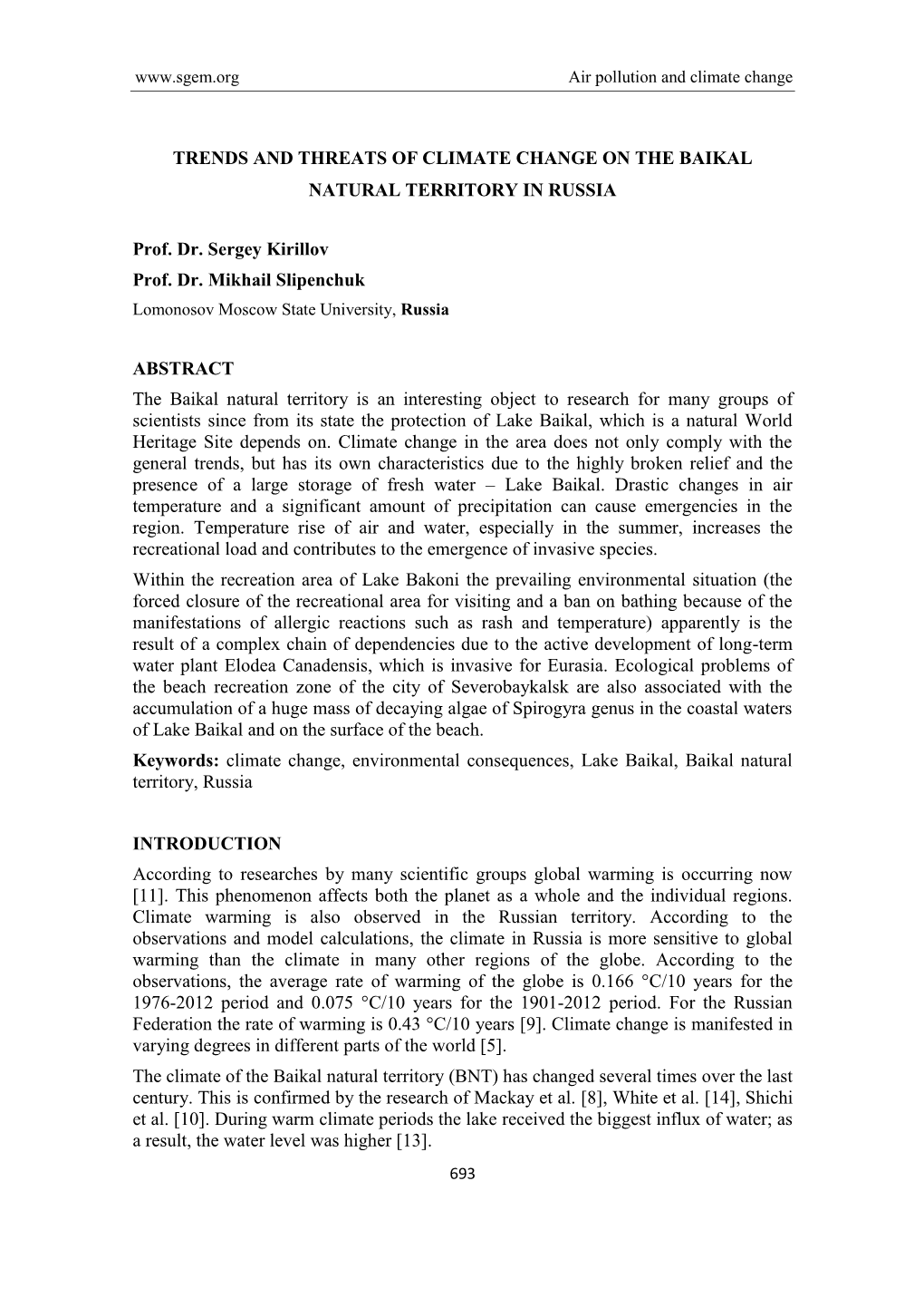 Trends and Threats of Climate Change on the Baikal Natural Territory in Russia