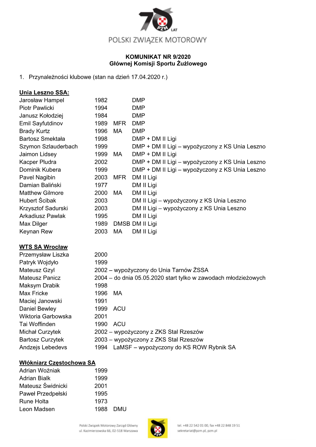KOMUNIKAT NR 9/2020 Głównej Komisji Sportu Żużlowego 1. Przynależności Klubowe (Stan Na Dzień 17.04.2020 R.) Unia Leszno