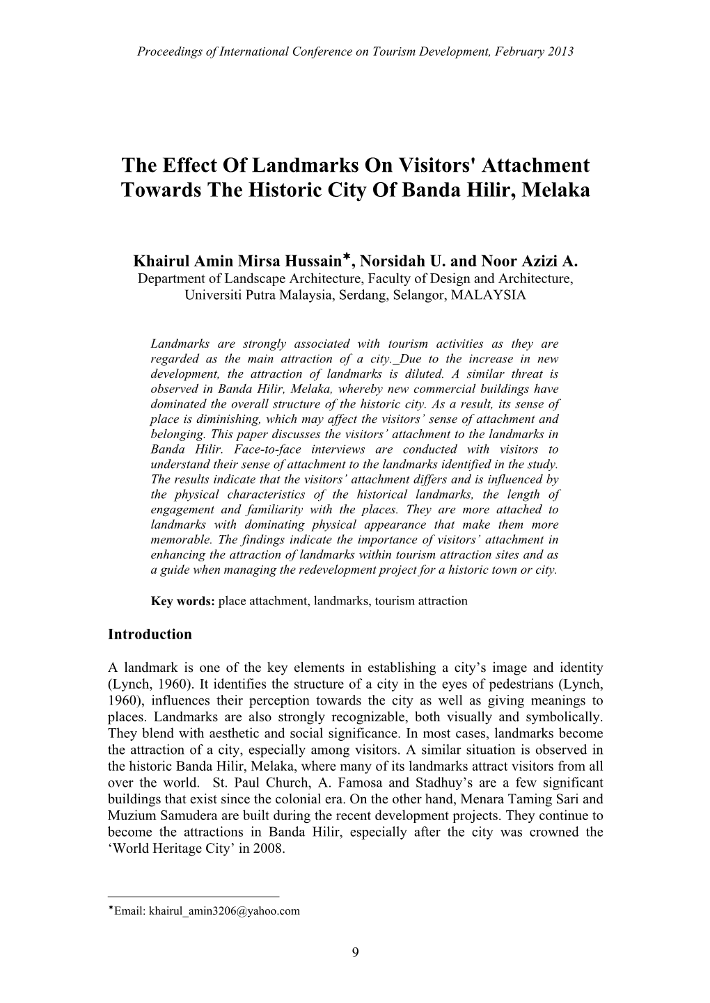 The Effect of Landmarks on Visitors' Attachment Towards the Historic City of Banda Hilir, Melaka