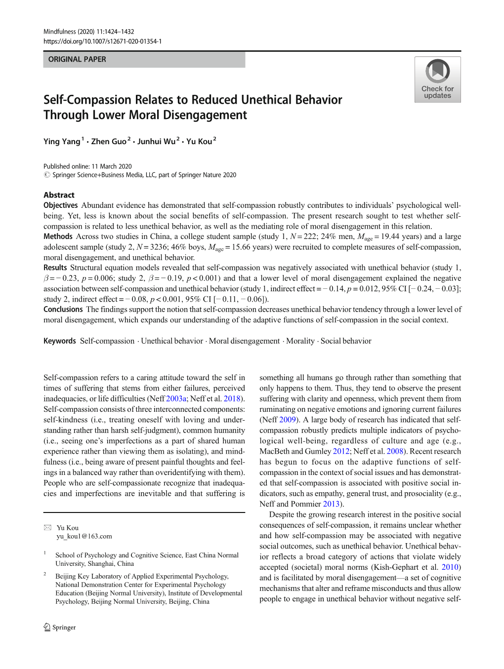 Self-Compassion Relates to Reduced Unethical Behavior Through Lower Moral Disengagement