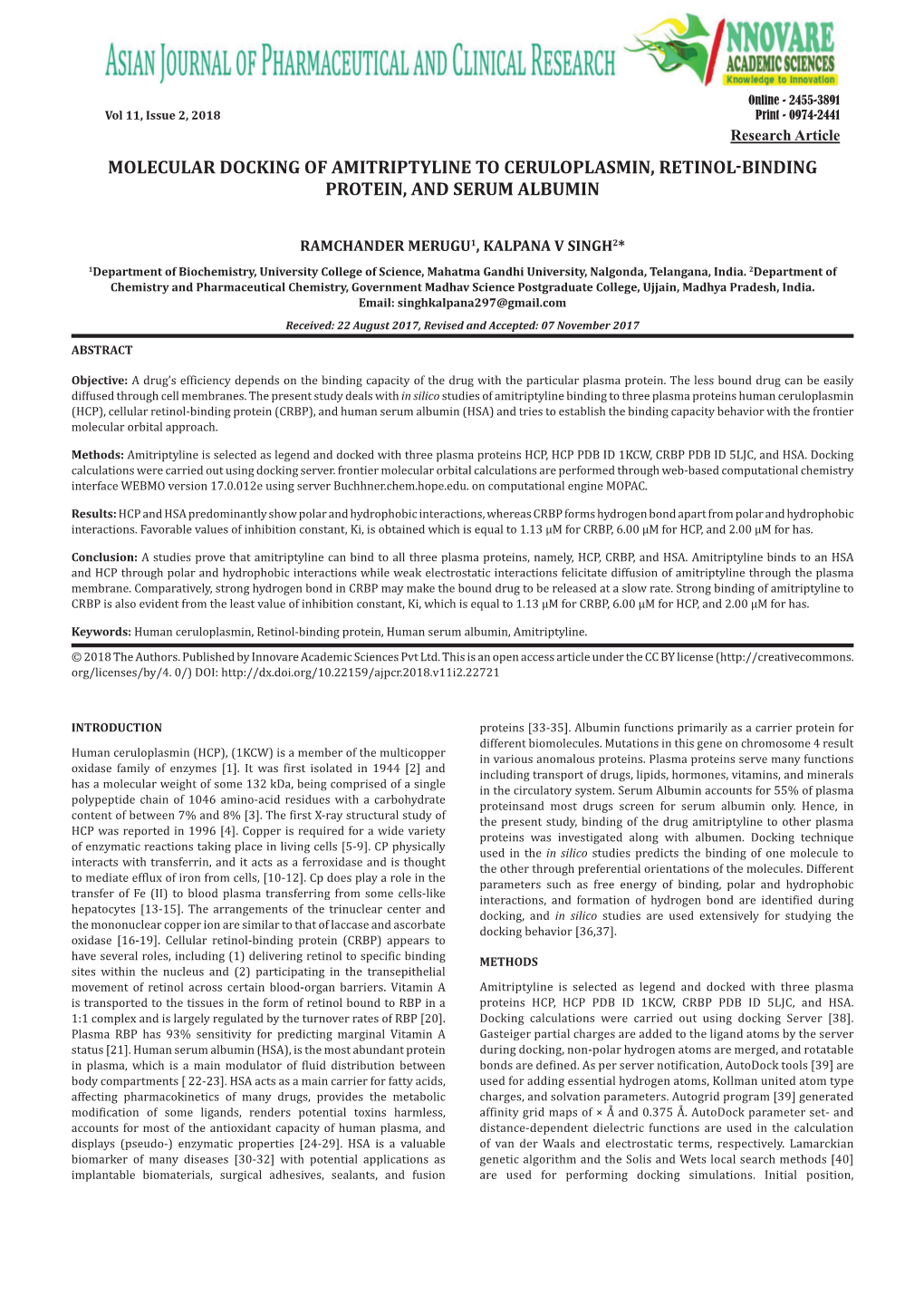 Molecular Docking of Amitriptyline to Ceruloplasmin, Retinol-Binding Protein, and Serum Albumin