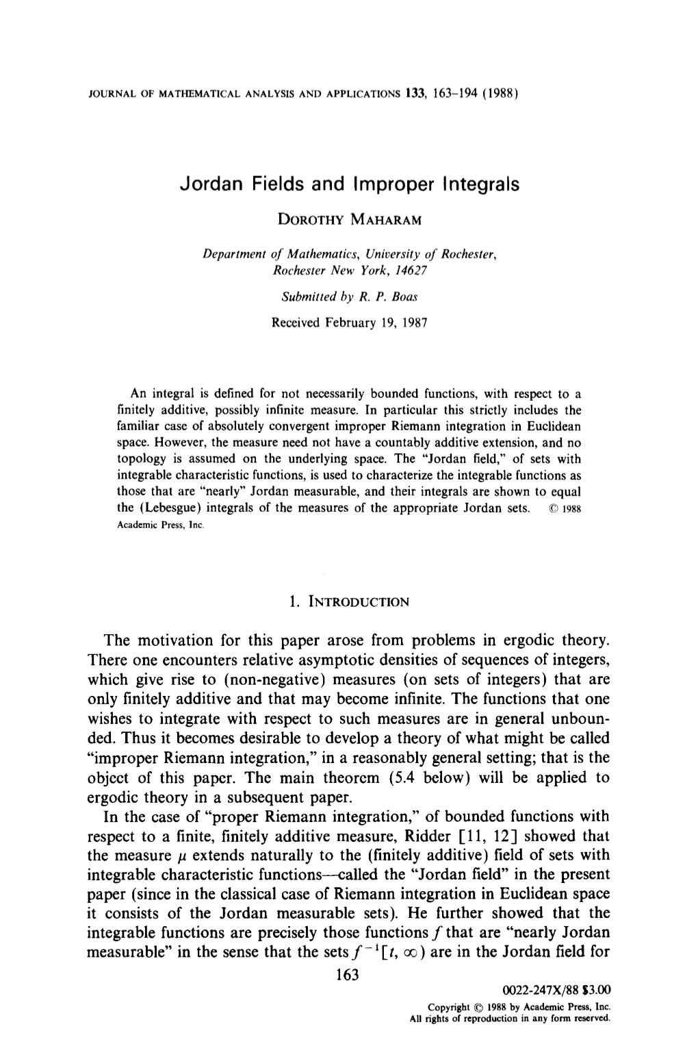 Jordan Fields and Improper Integrals