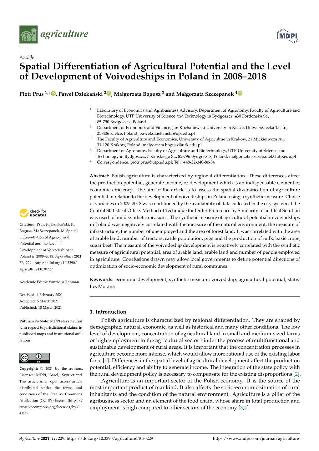 Spatial Differentiation of Agricultural Potential and the Level of Development of Voivodeships in Poland in 2008–2018