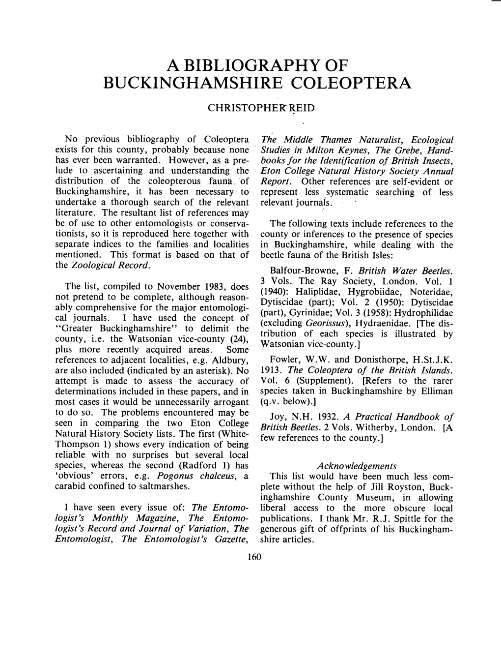 A Bibliography of Buckinghamshire Coleoptera