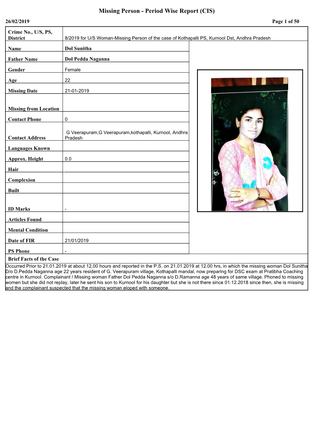 Missing Person - Period Wise Report (CIS) 26/02/2019 Page 1 of 50