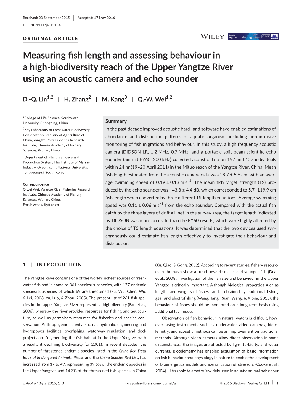 Measuring Fish Length and Assessing Behaviour in a High&#X2010;Biodiversity Reach of the Upper Yangtze River Using an Acoust