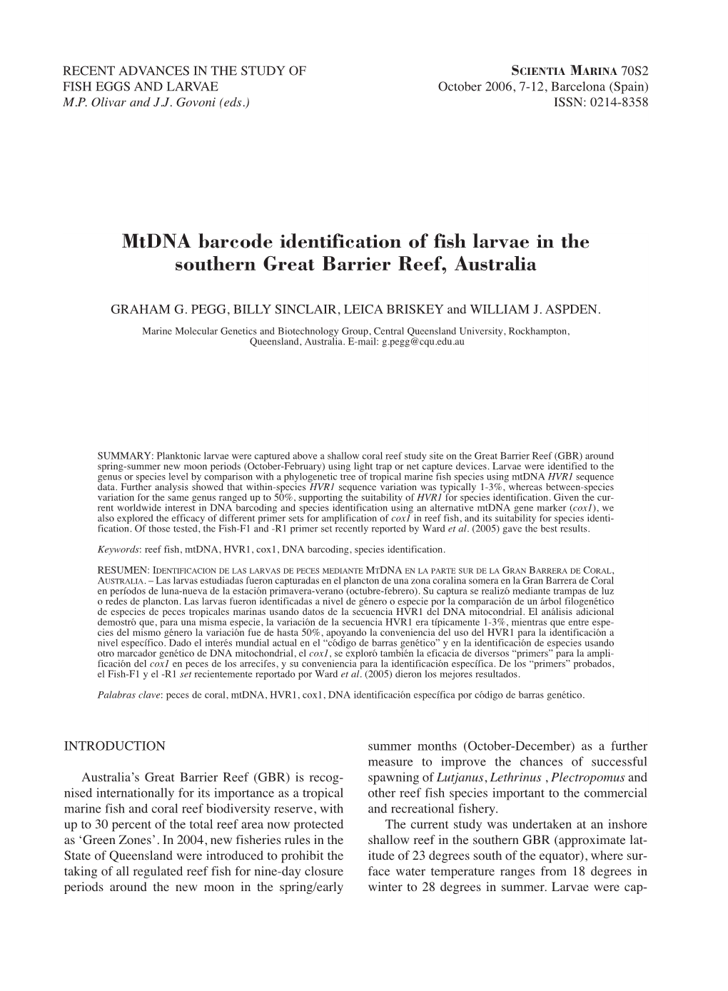 Mtdna Barcode Identification of Fish Larvae in the Southern Great Barrier Reef, Australia