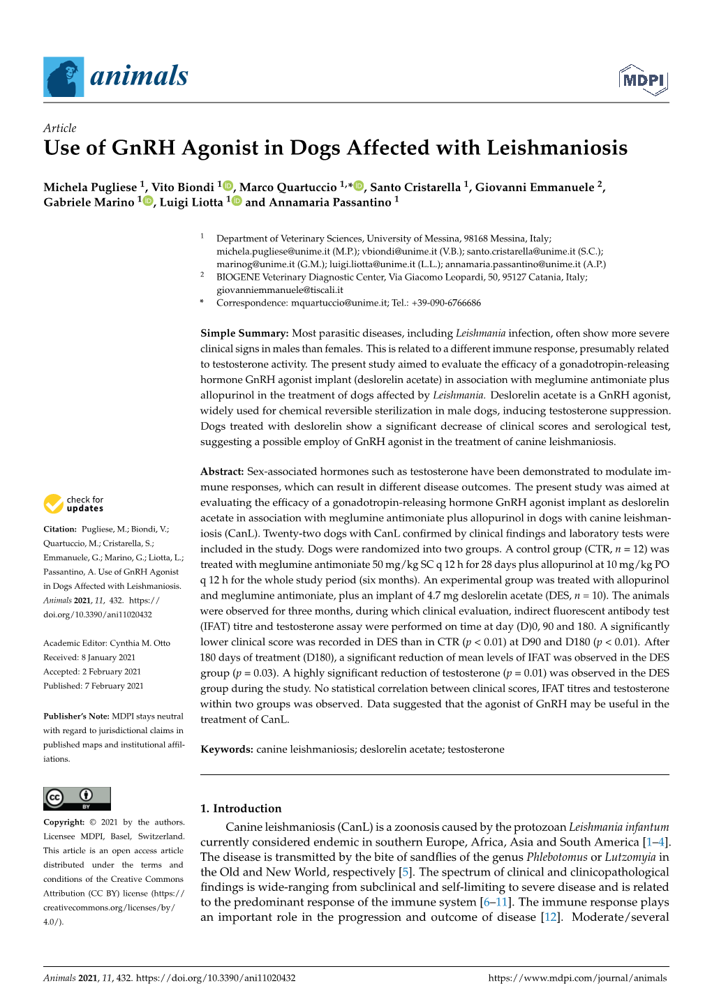 Use of Gnrh Agonist in Dogs Affected with Leishmaniosis