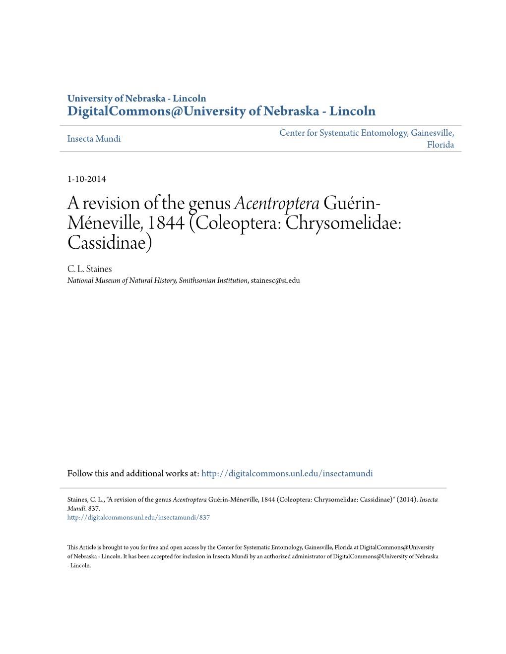 Guérin-Méneville, 1844 (Coleoptera: Chrysomelidae: Cassidinae)" (2014)