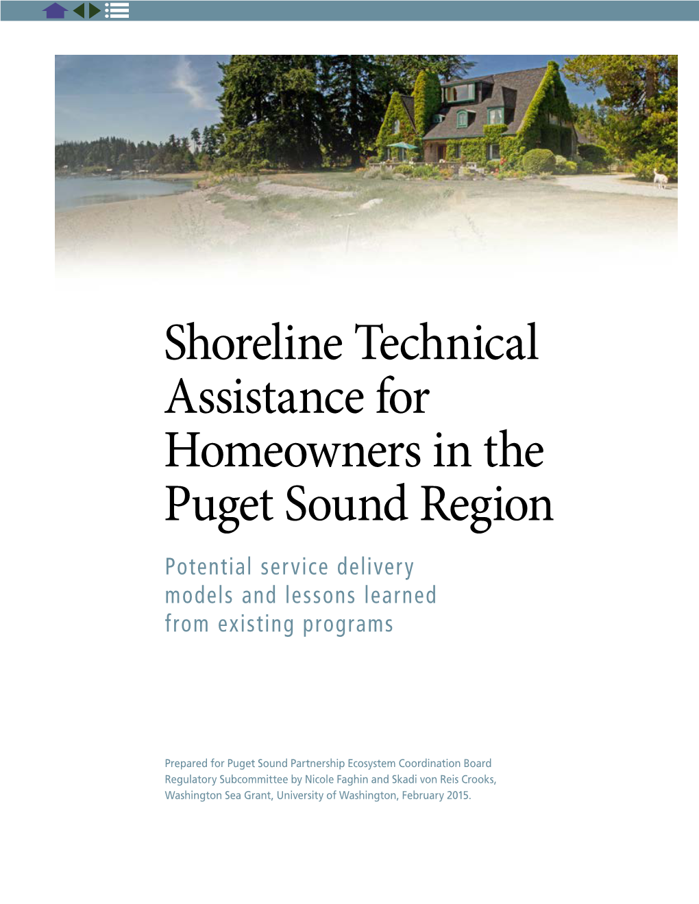 Shoreline Technical Assistance for Homeowners in the Puget Sound Region Potential Service Delivery Models and Lessons Learned from Existing Programs