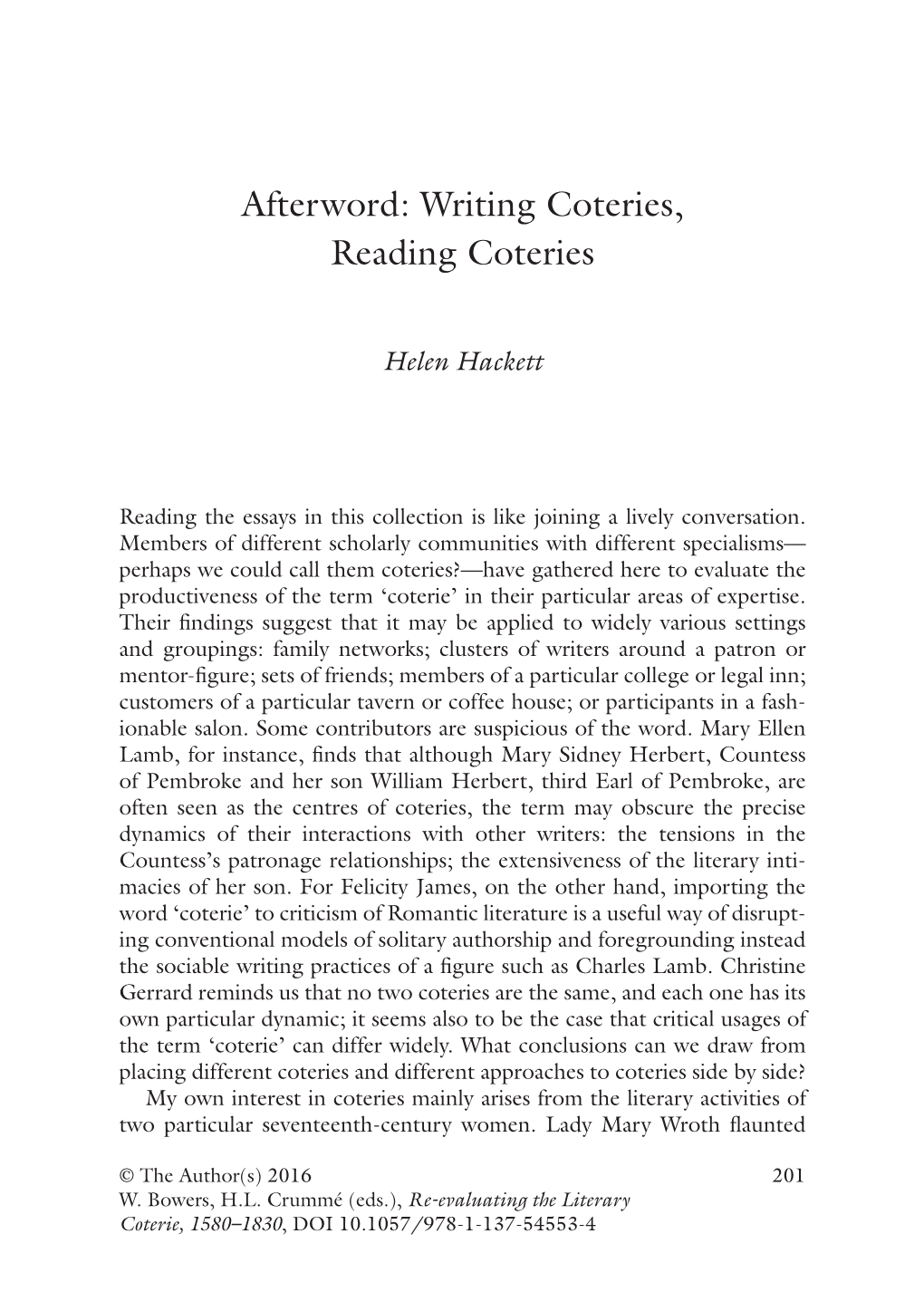 Afterword: Writing Coteries, Reading Coteries